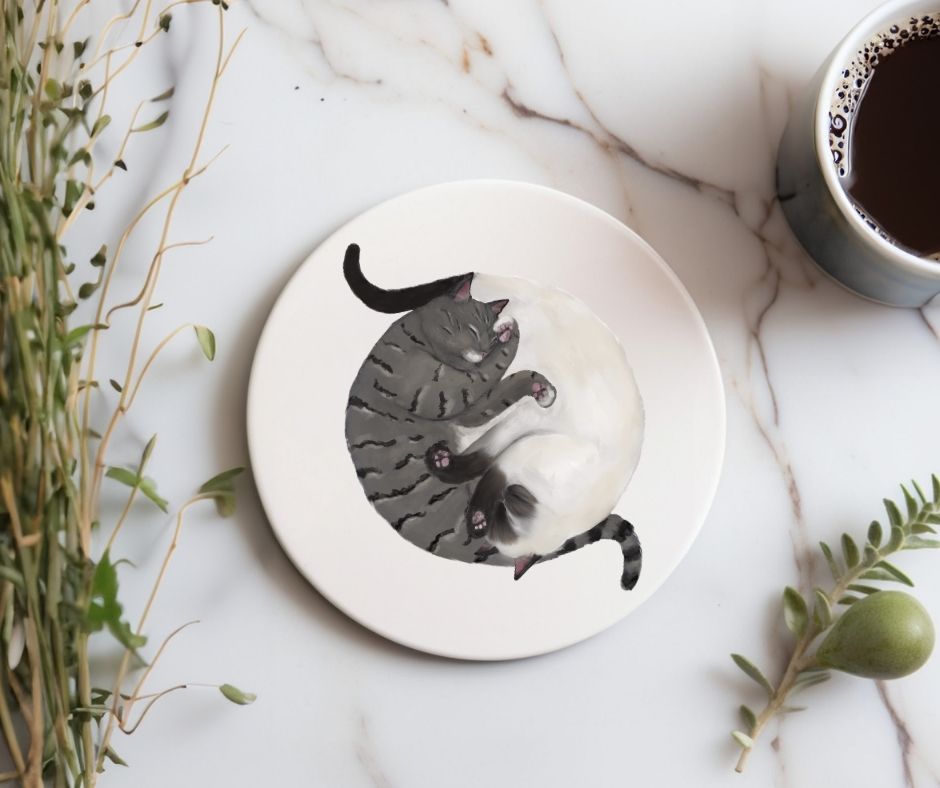 Sleeping Tabby and Siamese Cats Ceramic Coaster - MerikaArt