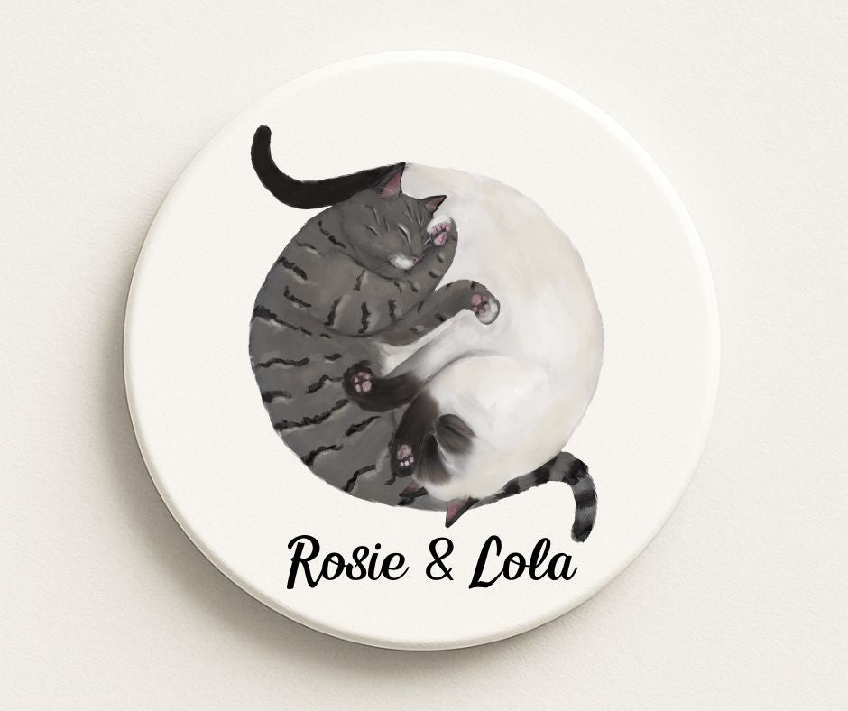 Sleeping Tabby and Siamese Cats Ceramic Coaster - MerikaArt