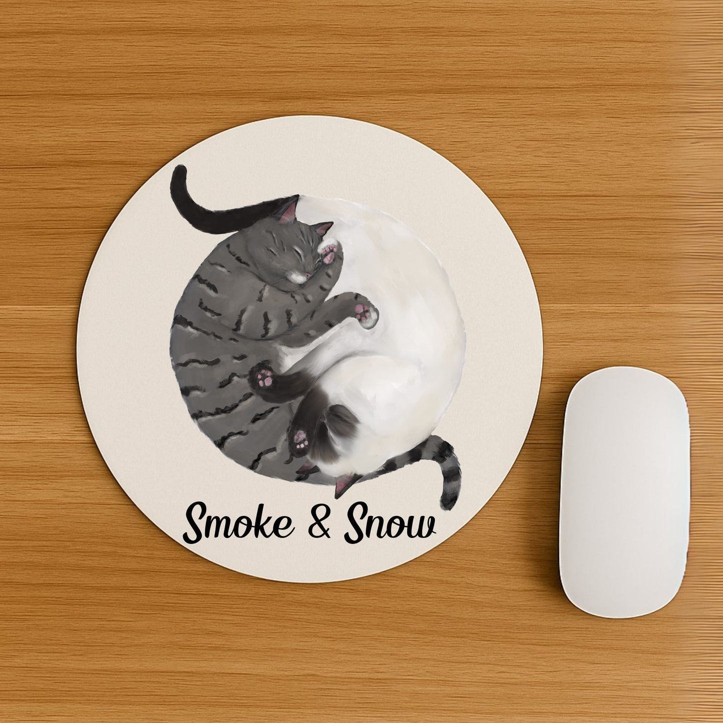Sleeping Tabby and White Cats Mousepad - MerikaArt