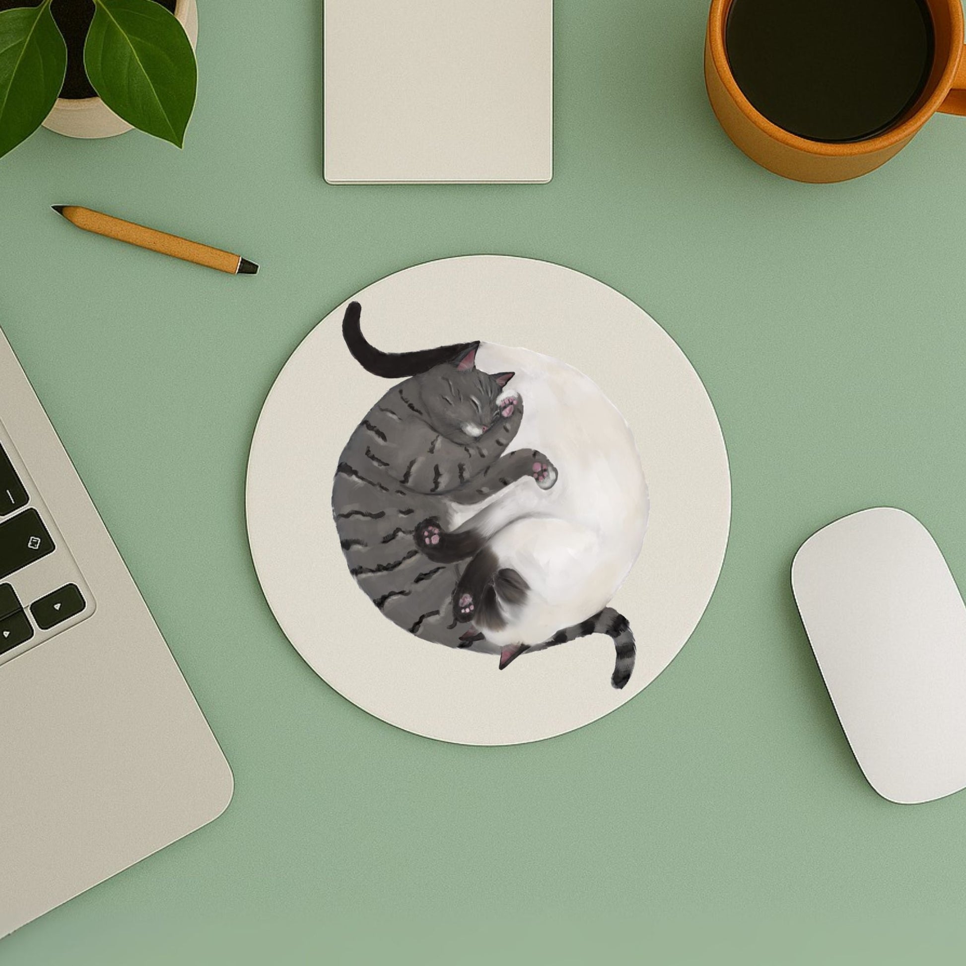 Sleeping Tabby and White Cats Mousepad - MerikaArt