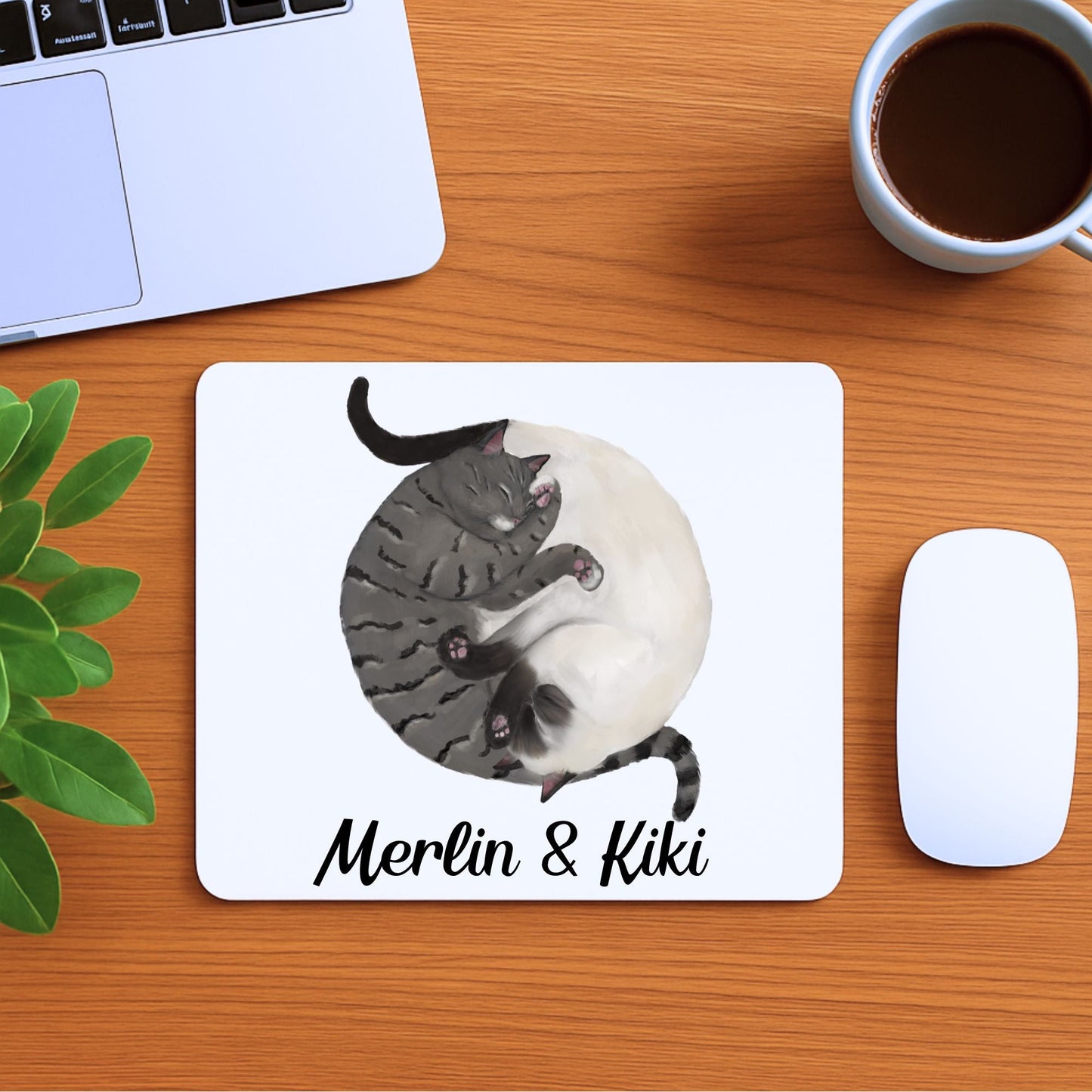 Sleeping Tabby and White Cats Mousepad - MerikaArt