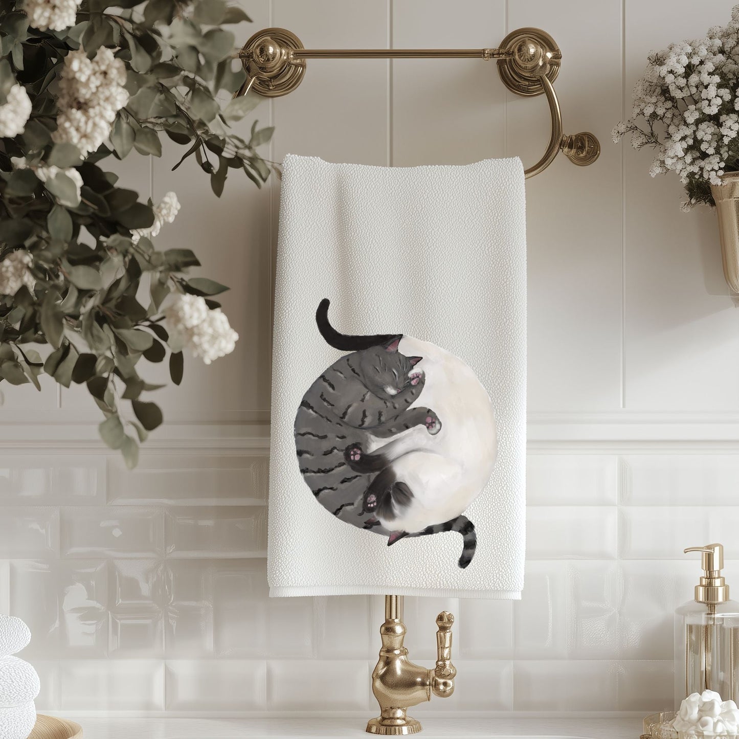 Sleeping Tabby Cat and Siamese Cat Bathroom Towel - MerikaArt