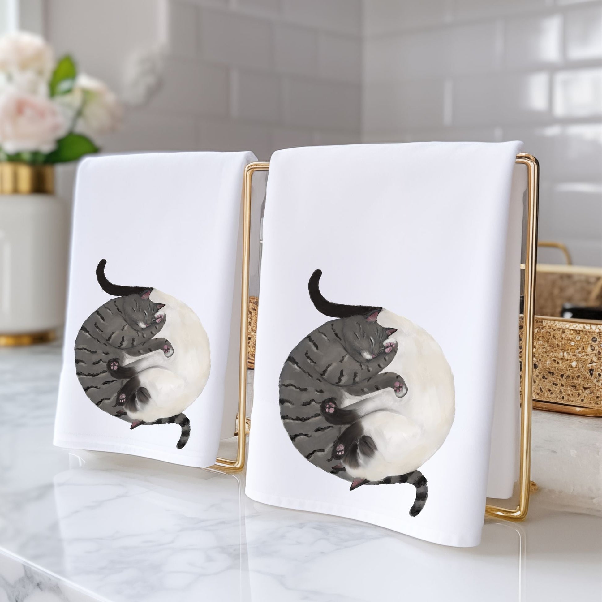Sleeping Tabby Cat and Siamese Cat Bathroom Towel - MerikaArt
