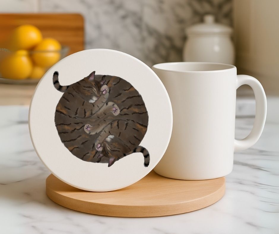 Sleeping Tabby Cats Ceramic Coaster - MerikaArt