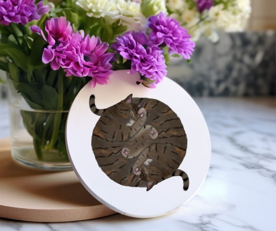 Sleeping Tabby Cats Ceramic Coaster - MerikaArt