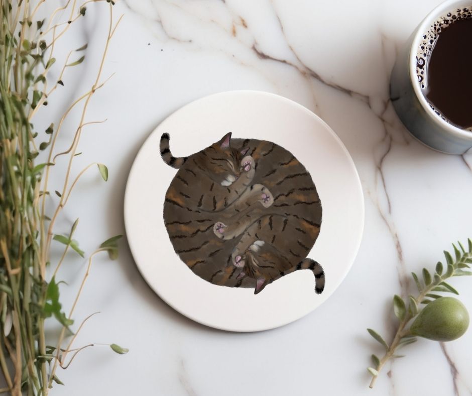Sleeping Tabby Cats Ceramic Coaster - MerikaArt