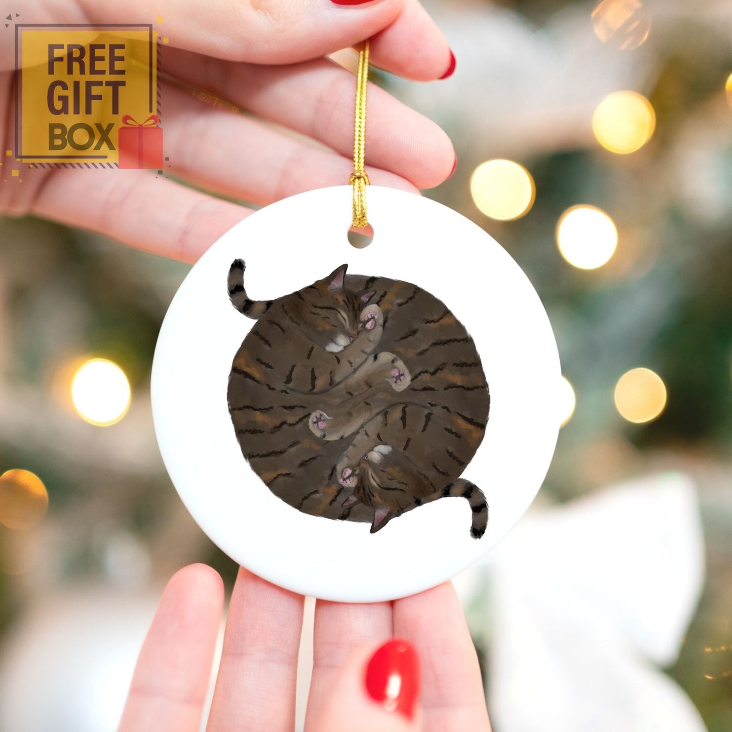 Sleeping Tabby Cats Ceramic Ornament - MerikaArt