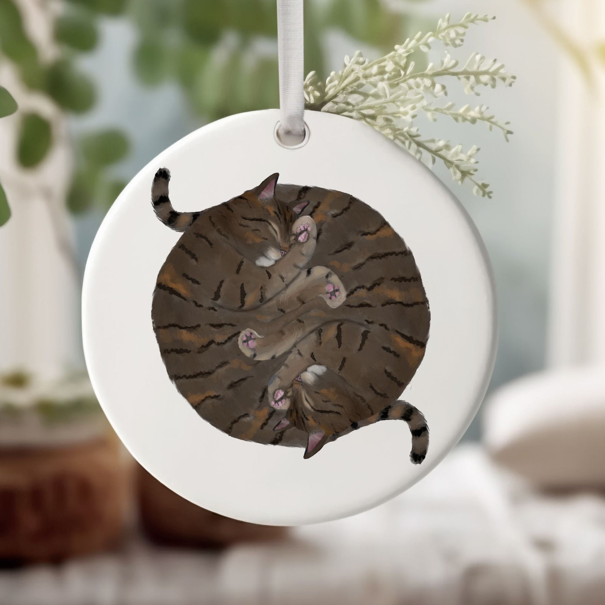 Sleeping Tabby Cats Ceramic Ornament - MerikaArt