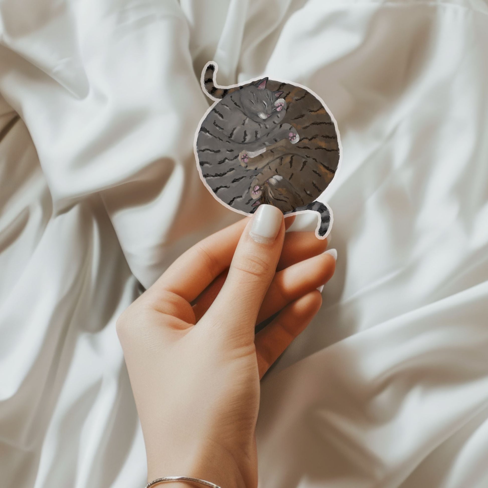 Sleeping Tabby Cats Circle Vinly Sticker - MerikaArt