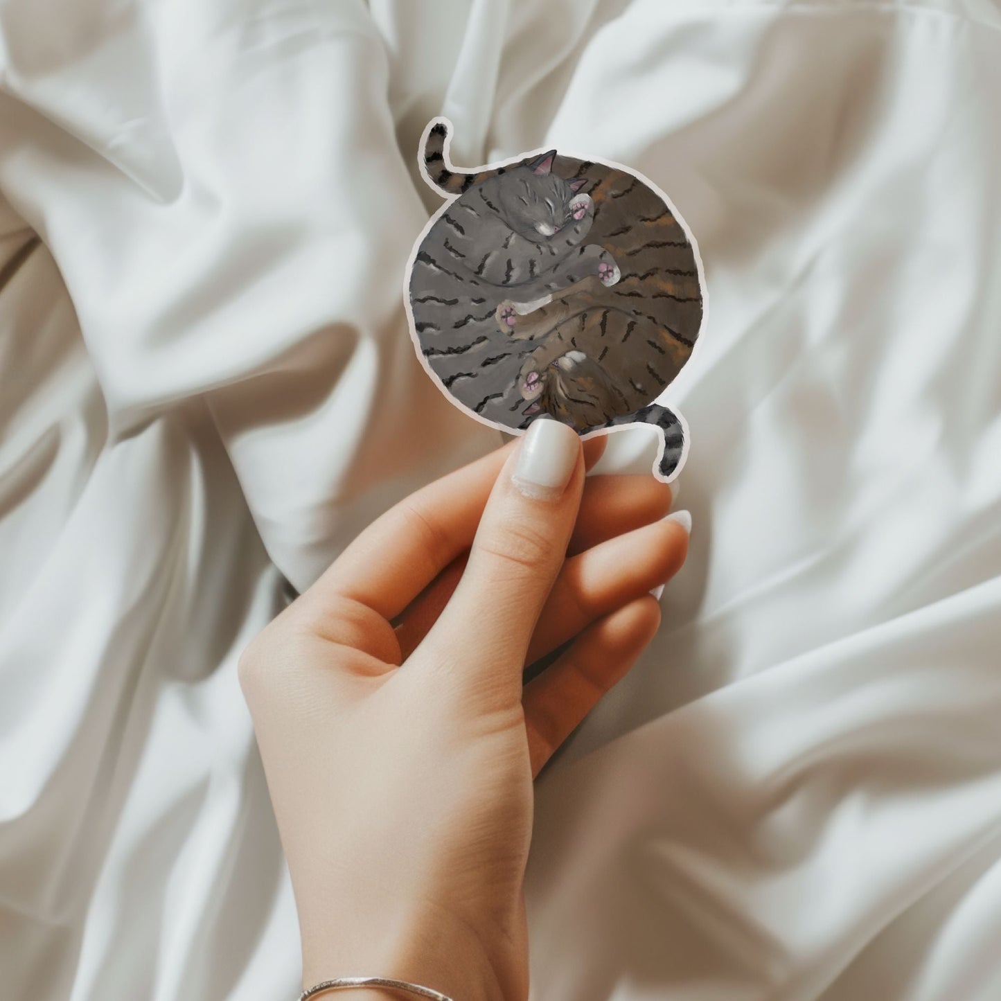 Sleeping Tabby Cats Circle Vinly Sticker - MerikaArt