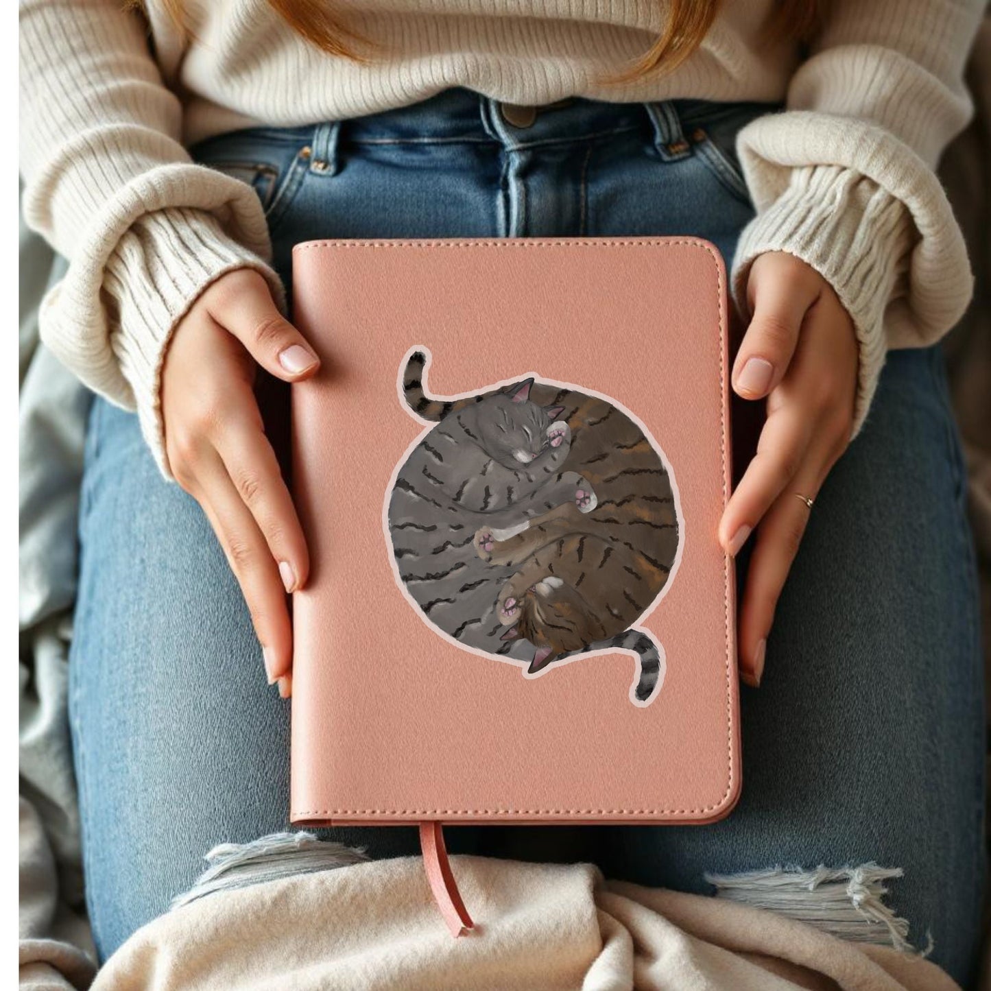 Sleeping Tabby Cats Circle Vinly Sticker - MerikaArt