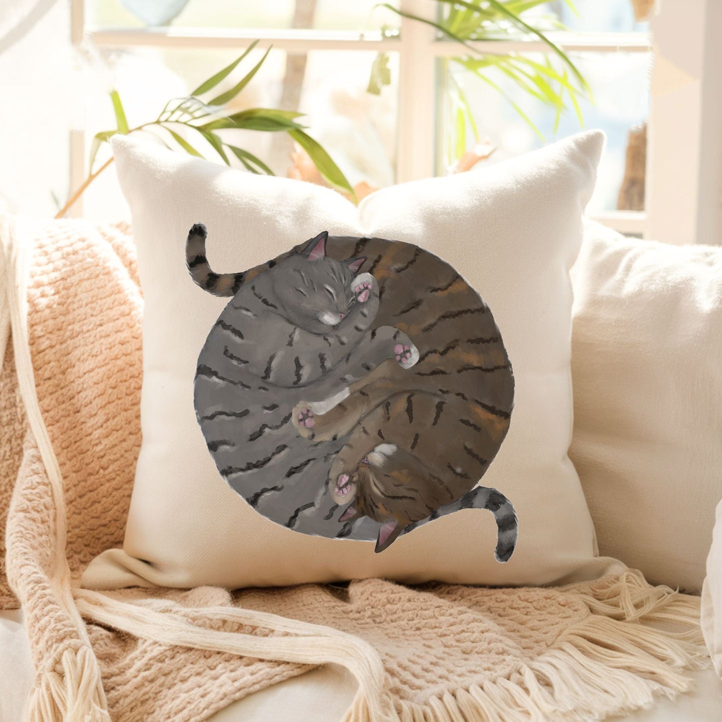 Sleeping Tabby Cats Pillow - MerikaArt