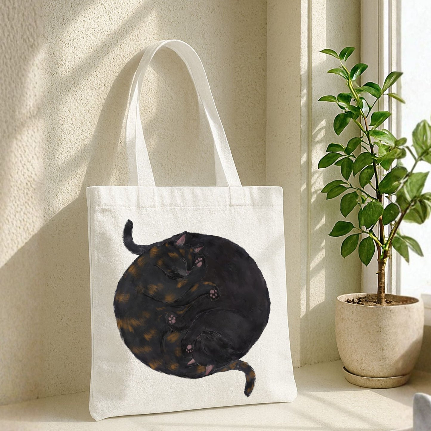 Sleeping Tortoiseshell and Black Cats Canvas Tote Bag - MerikaArt