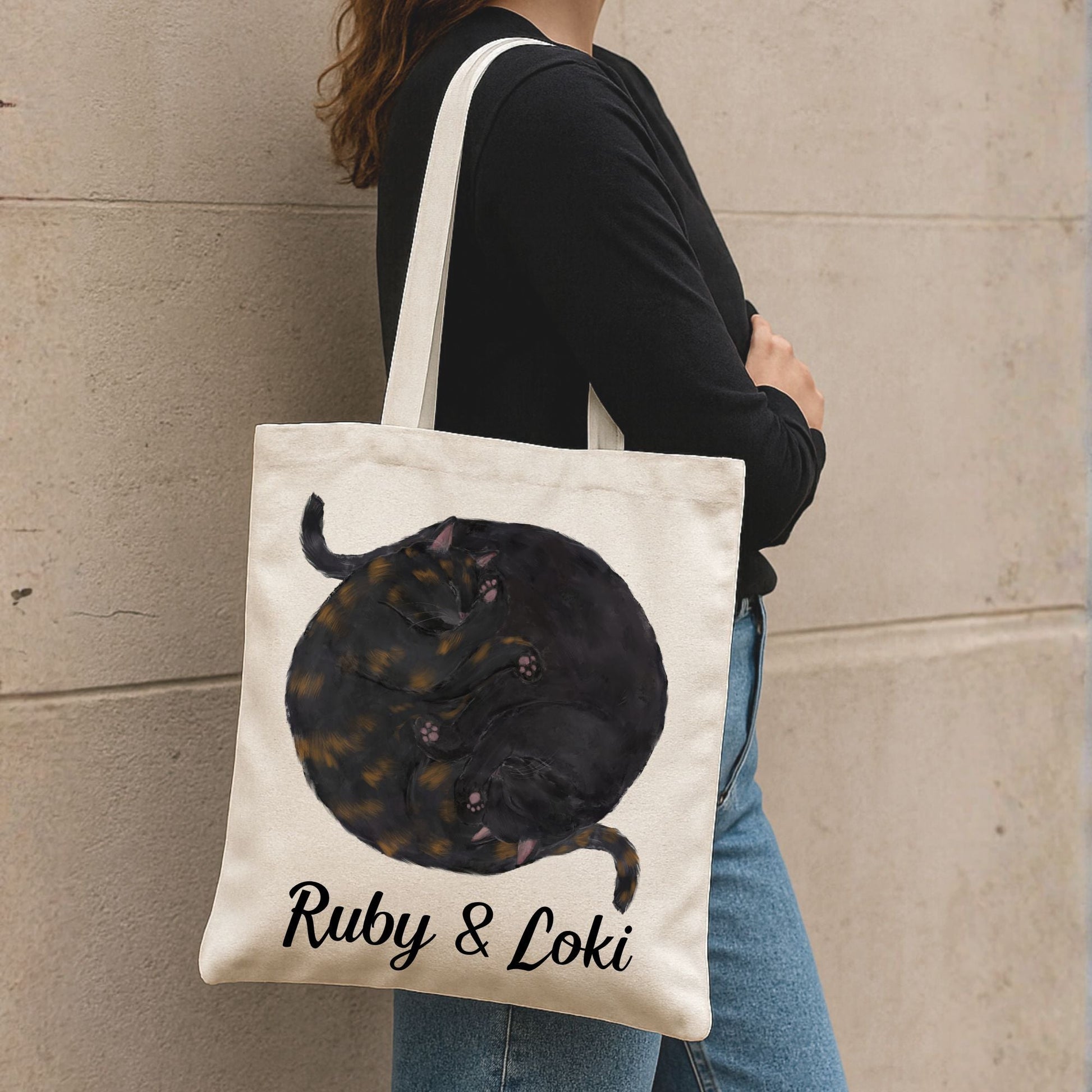 Sleeping Tortoiseshell and Black Cats Canvas Tote Bag - MerikaArt