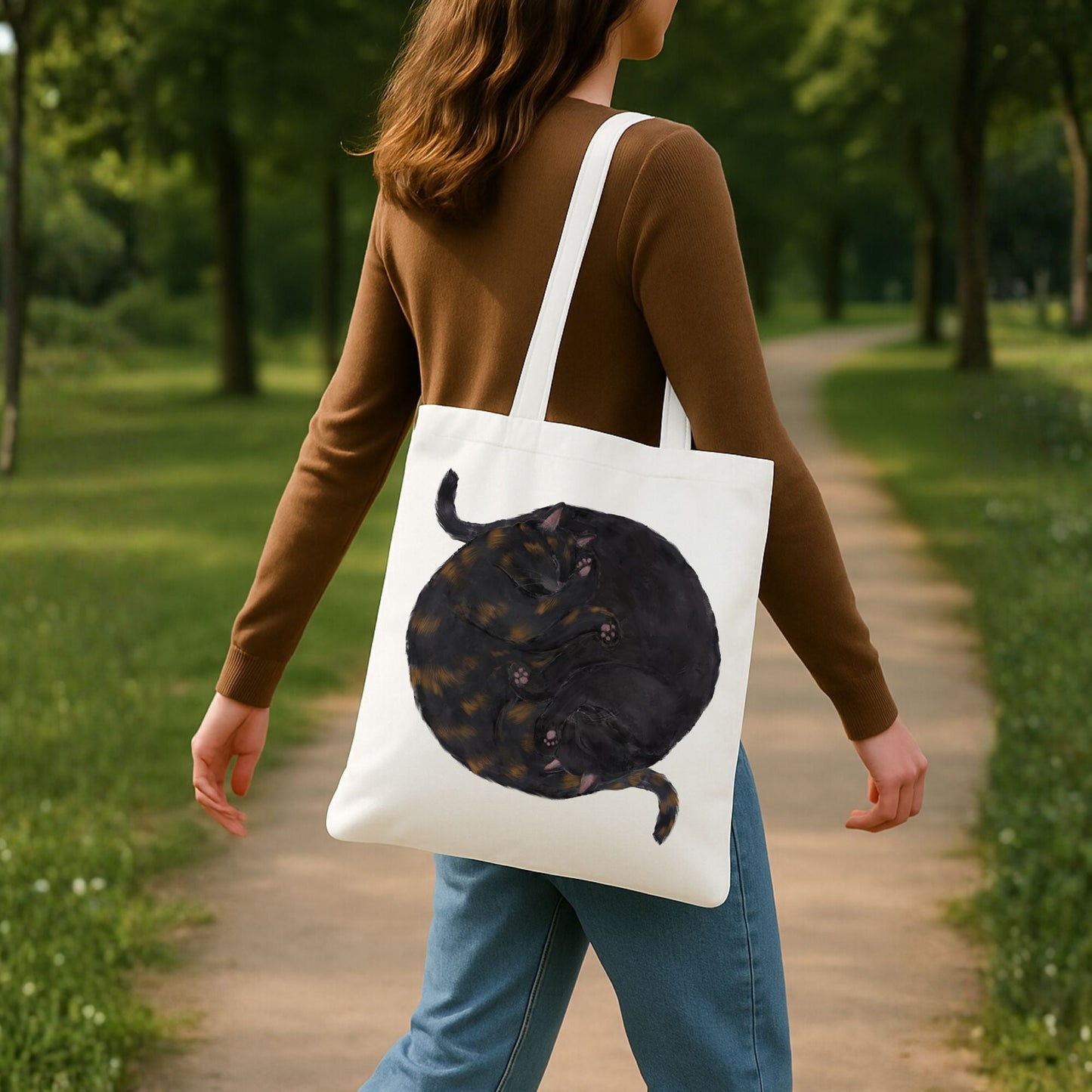 Sleeping Tortoiseshell and Black Cats Canvas Tote Bag - MerikaArt