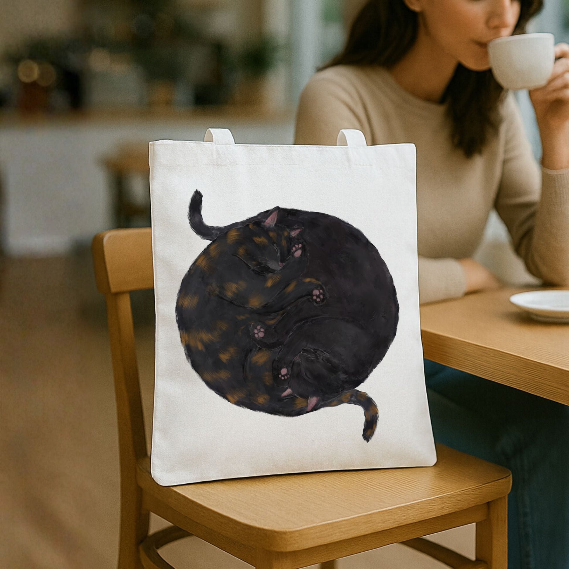 Sleeping Tortoiseshell and Black Cats Canvas Tote Bag - MerikaArt