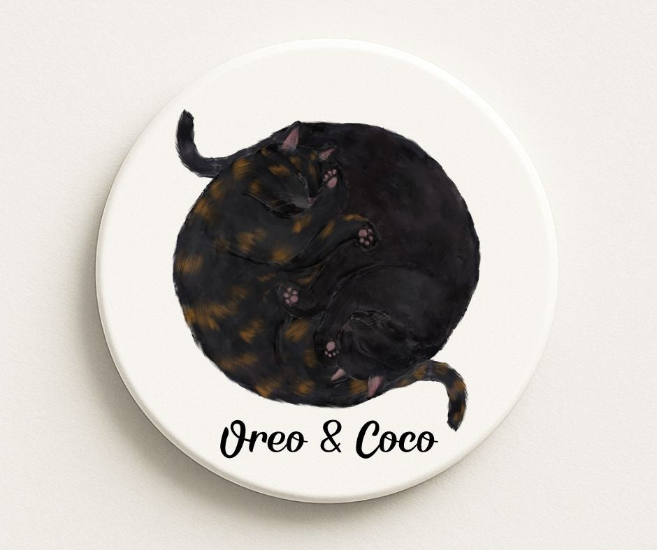 Sleeping Tortoiseshell and Black Cats Ceramic Coaster - MerikaArt