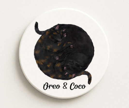 Sleeping Tortoiseshell and Black Cats Ceramic Coaster - MerikaArt