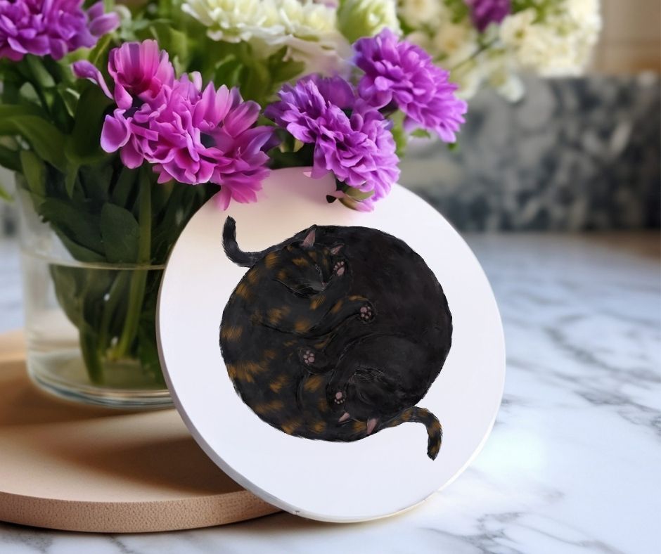 Sleeping Tortoiseshell and Black Cats Ceramic Coaster - MerikaArt