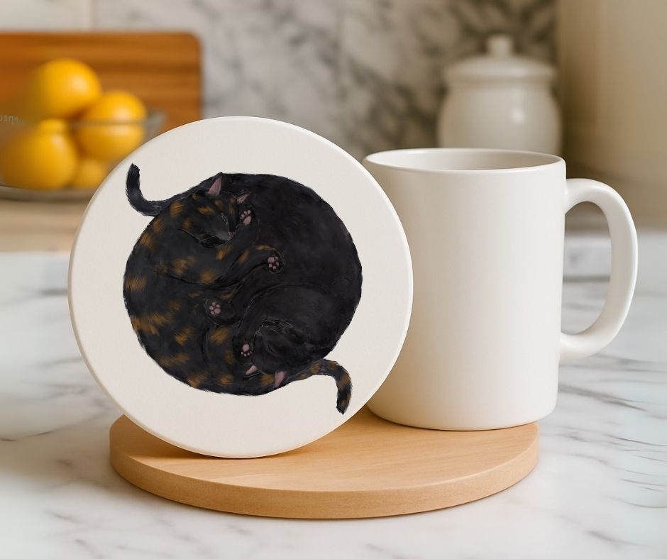 Sleeping Tortoiseshell and Black Cats Ceramic Coaster - MerikaArt