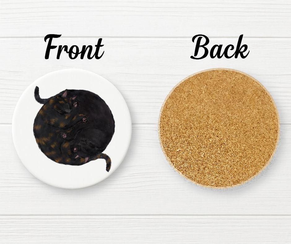 Sleeping Tortoiseshell and Black Cats Ceramic Coaster - MerikaArt