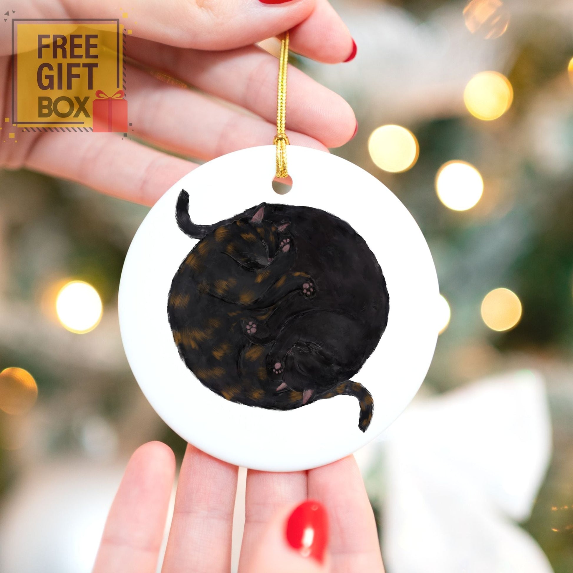 Sleeping Tortoiseshell And Black Cats Ceramic Ornament - MerikaArt