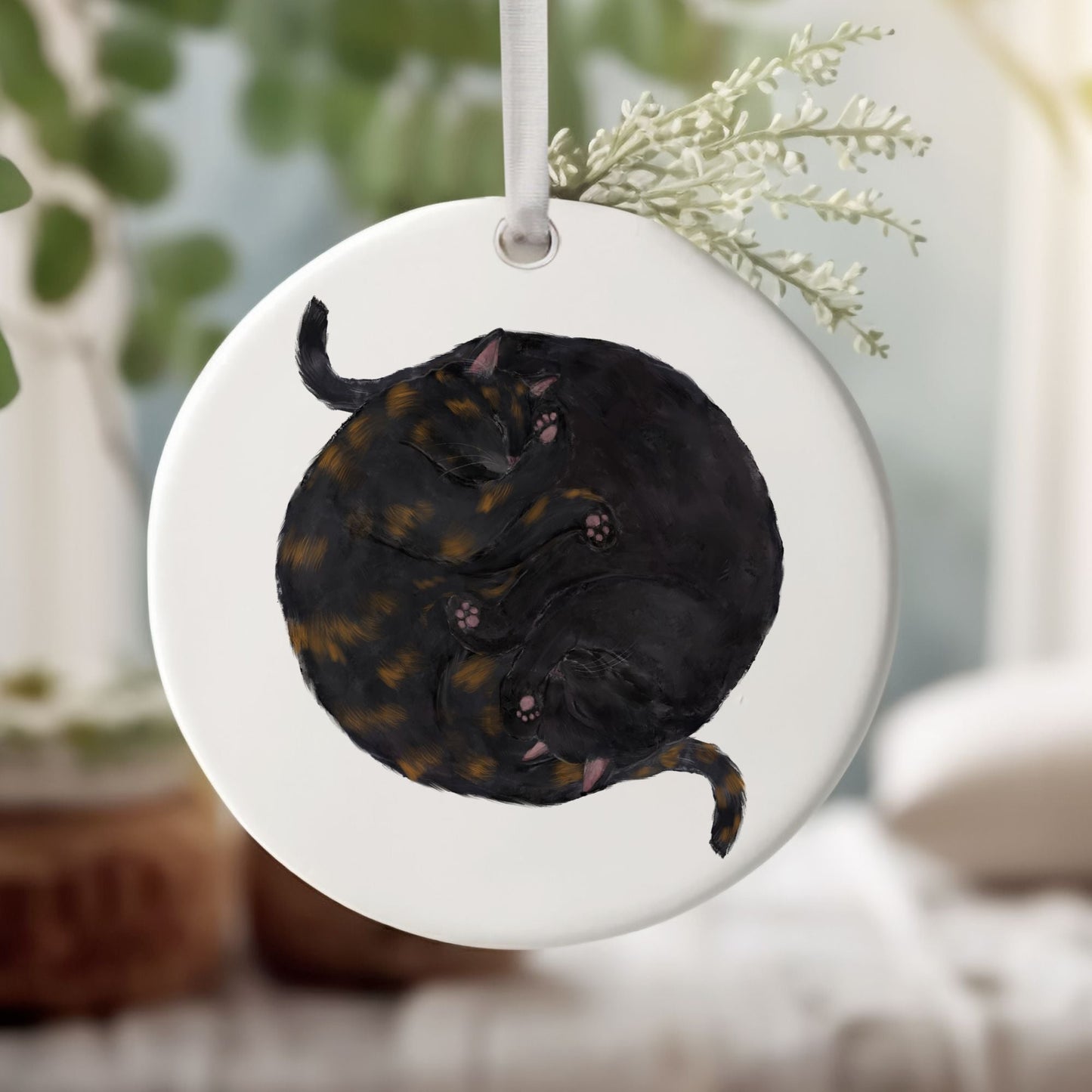 Sleeping Tortoiseshell And Black Cats Ceramic Ornament - MerikaArt