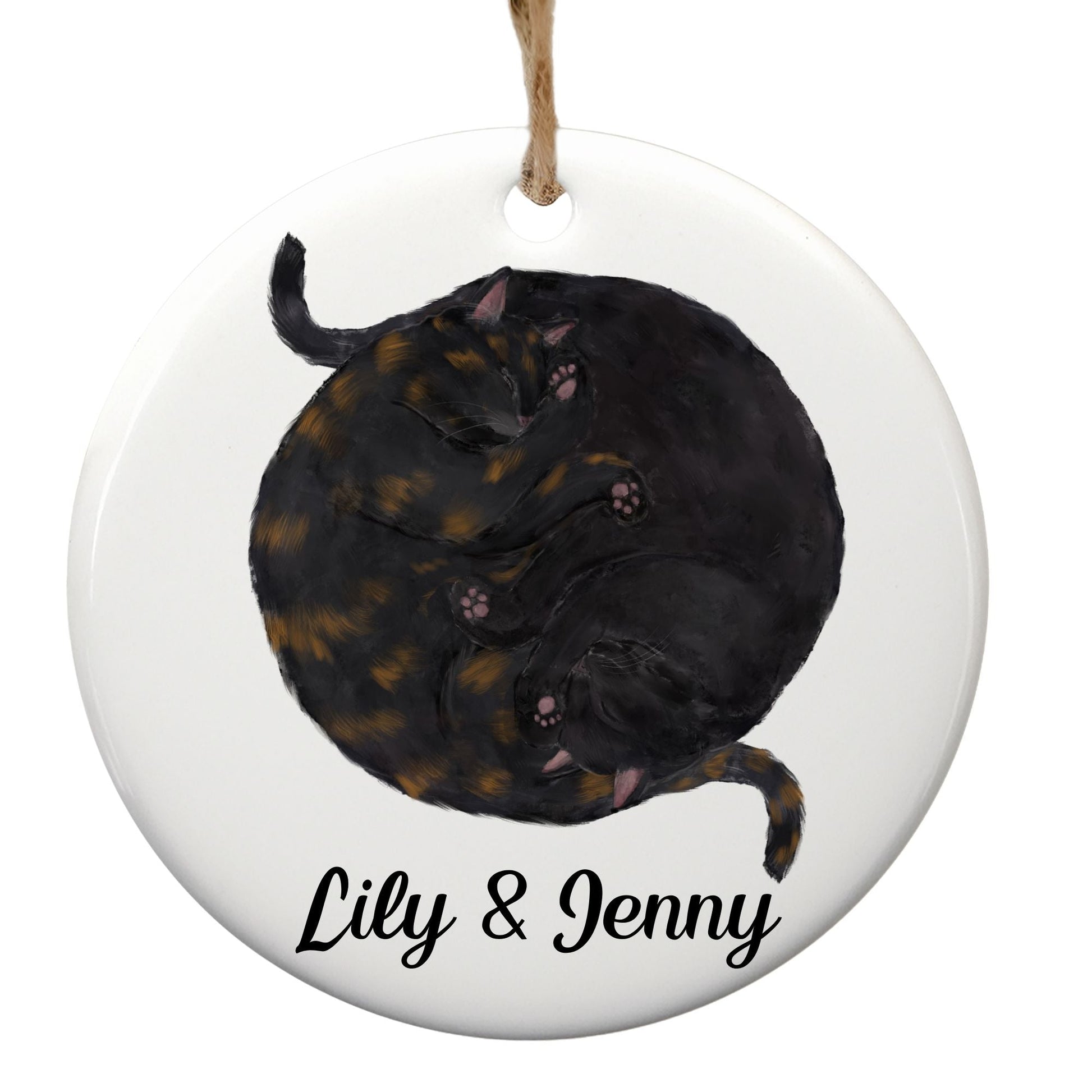 Sleeping Tortoiseshell And Black Cats Ceramic Ornament - MerikaArt
