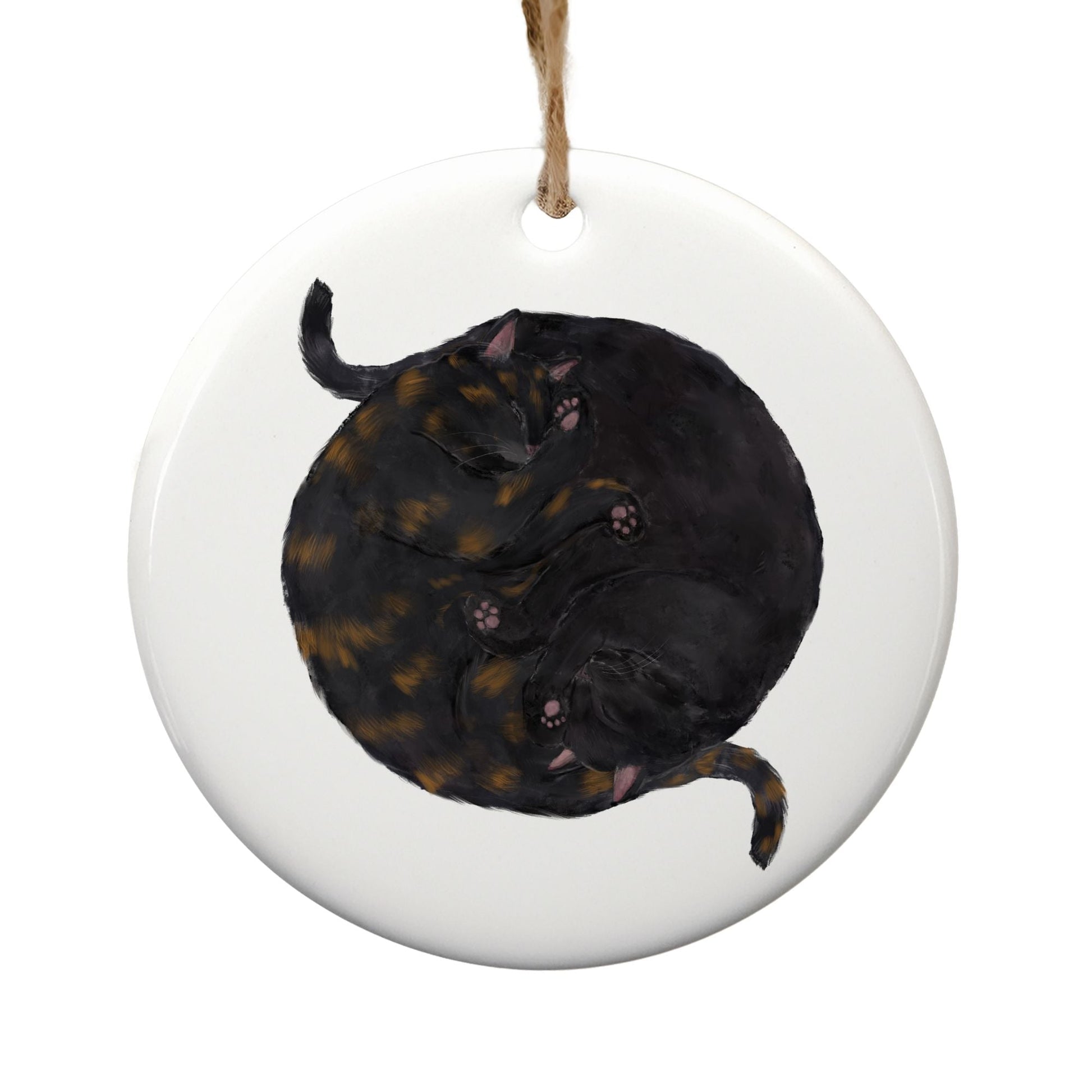 Sleeping Tortoiseshell And Black Cats Ceramic Ornament - MerikaArt