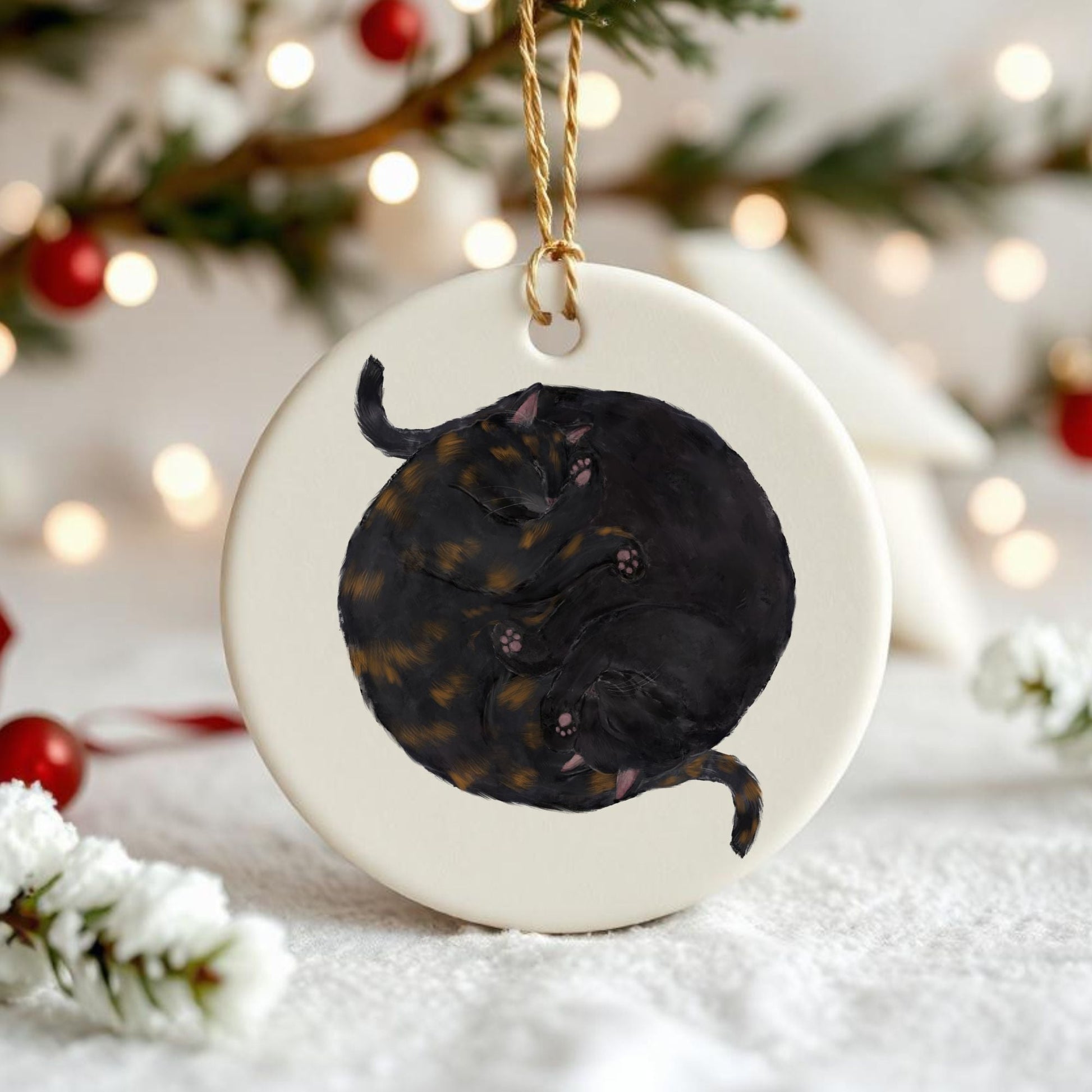 Sleeping Tortoiseshell And Black Cats Ceramic Ornament - MerikaArt