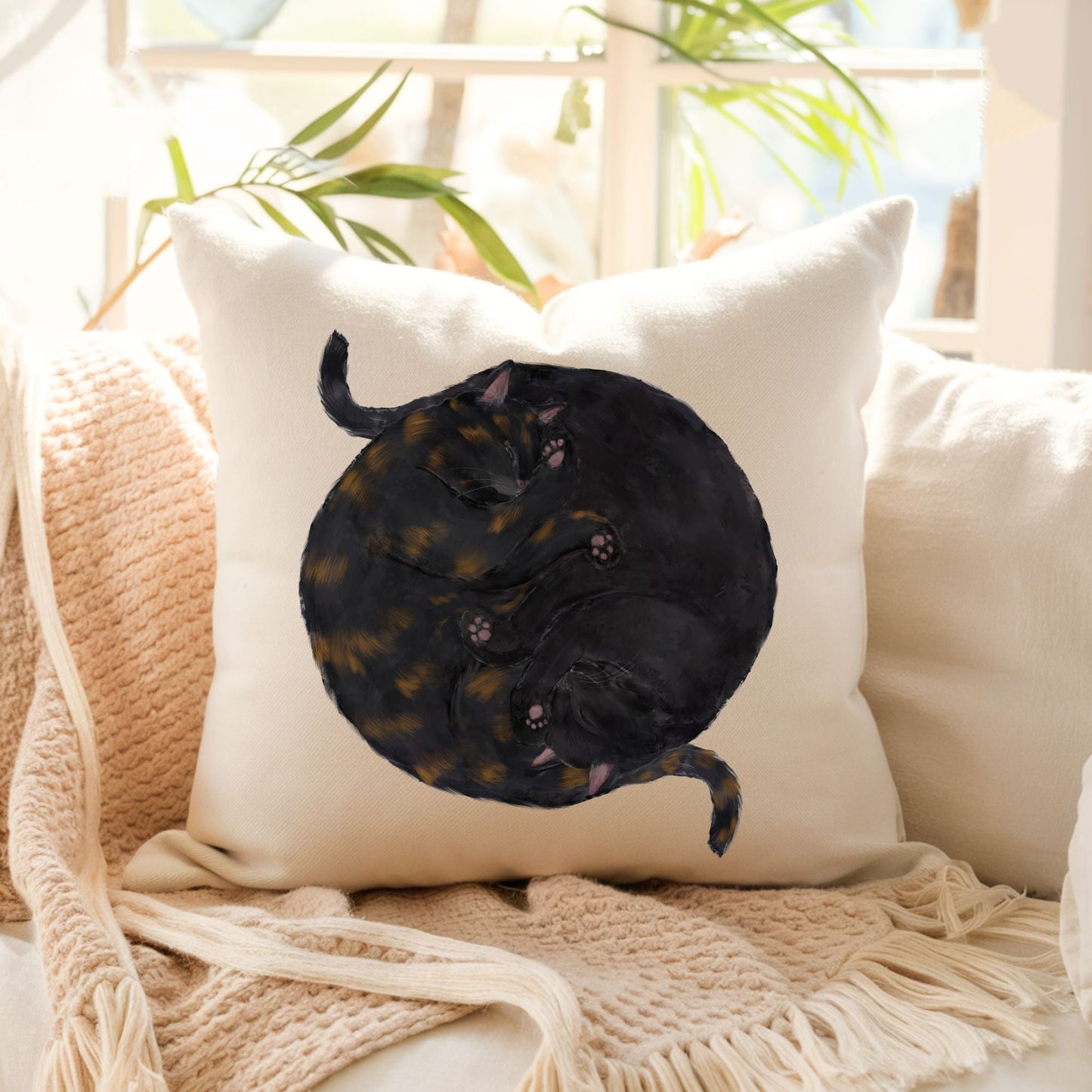 Sleeping Tortoiseshell and Black Cats Pillow - MerikaArt