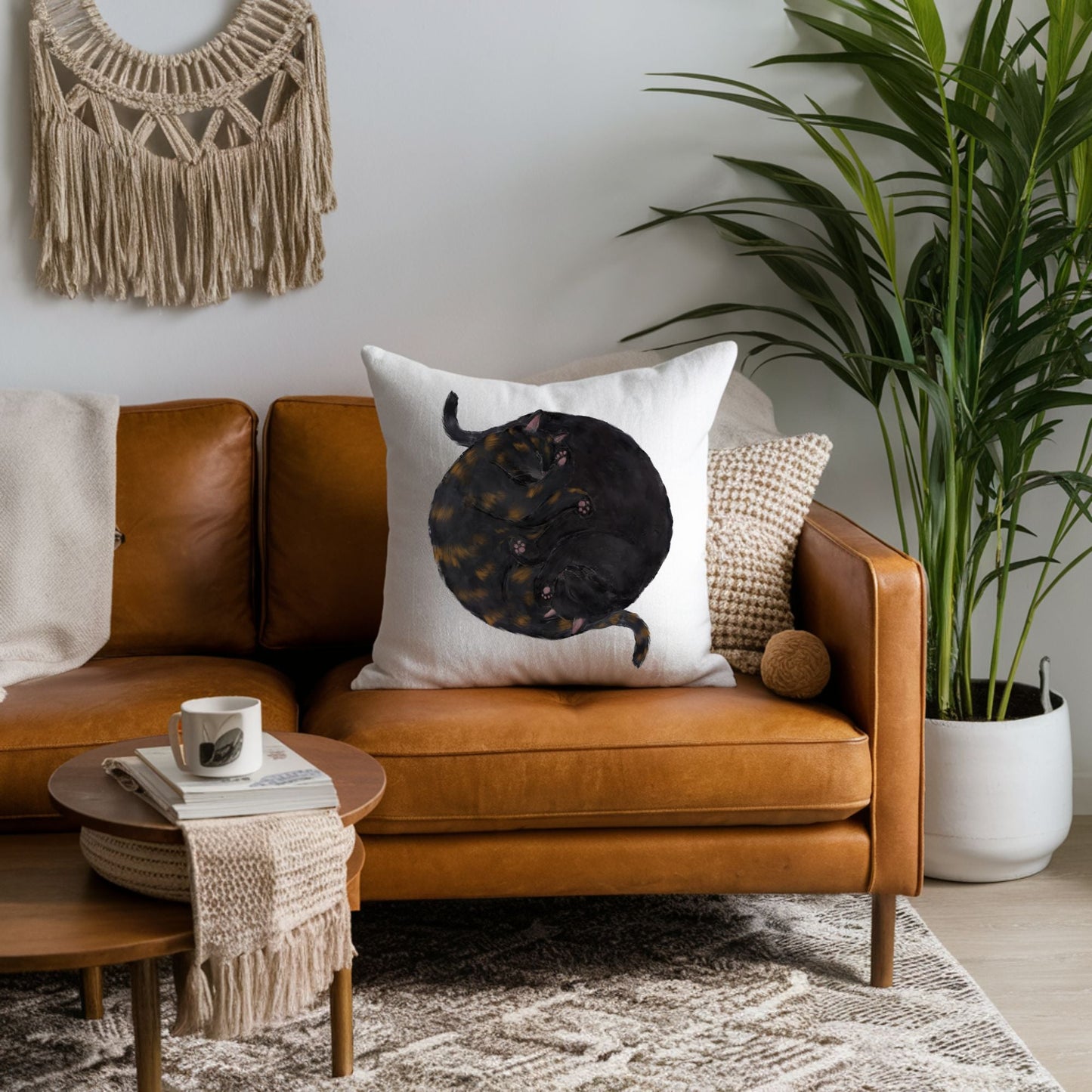 Sleeping Tortoiseshell and Black Cats Pillow - MerikaArt