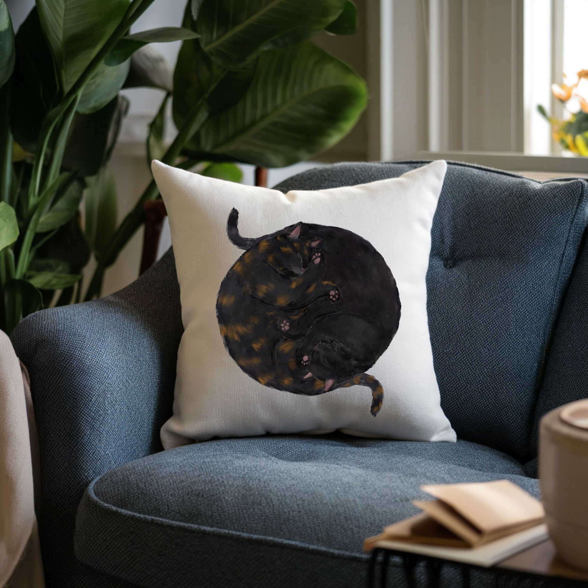 Sleeping Tortoiseshell and Black Cats Pillow - MerikaArt