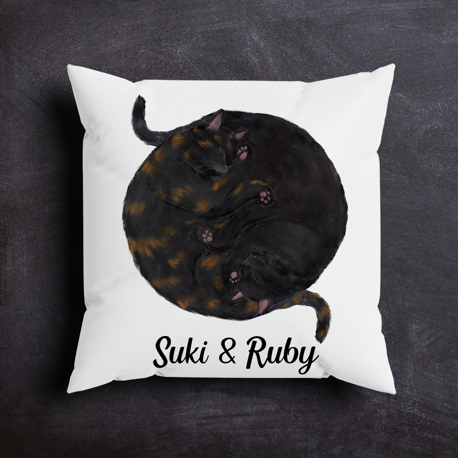 Sleeping Tortoiseshell and Black Cats Pillow - MerikaArt