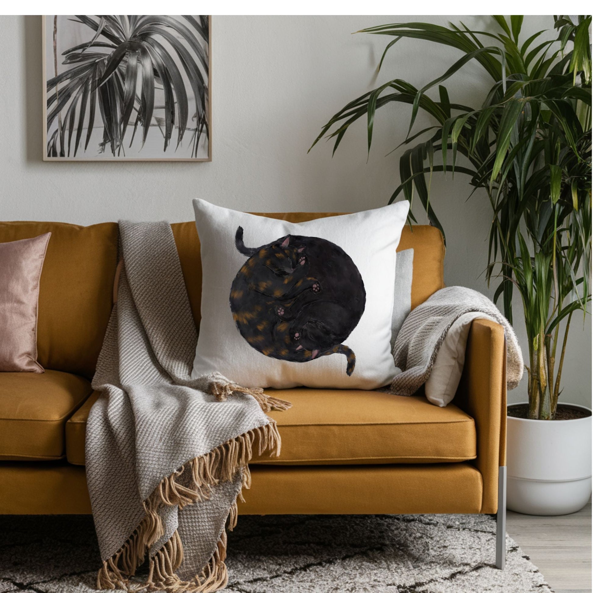 Sleeping Tortoiseshell and Black Cats Pillow - MerikaArt