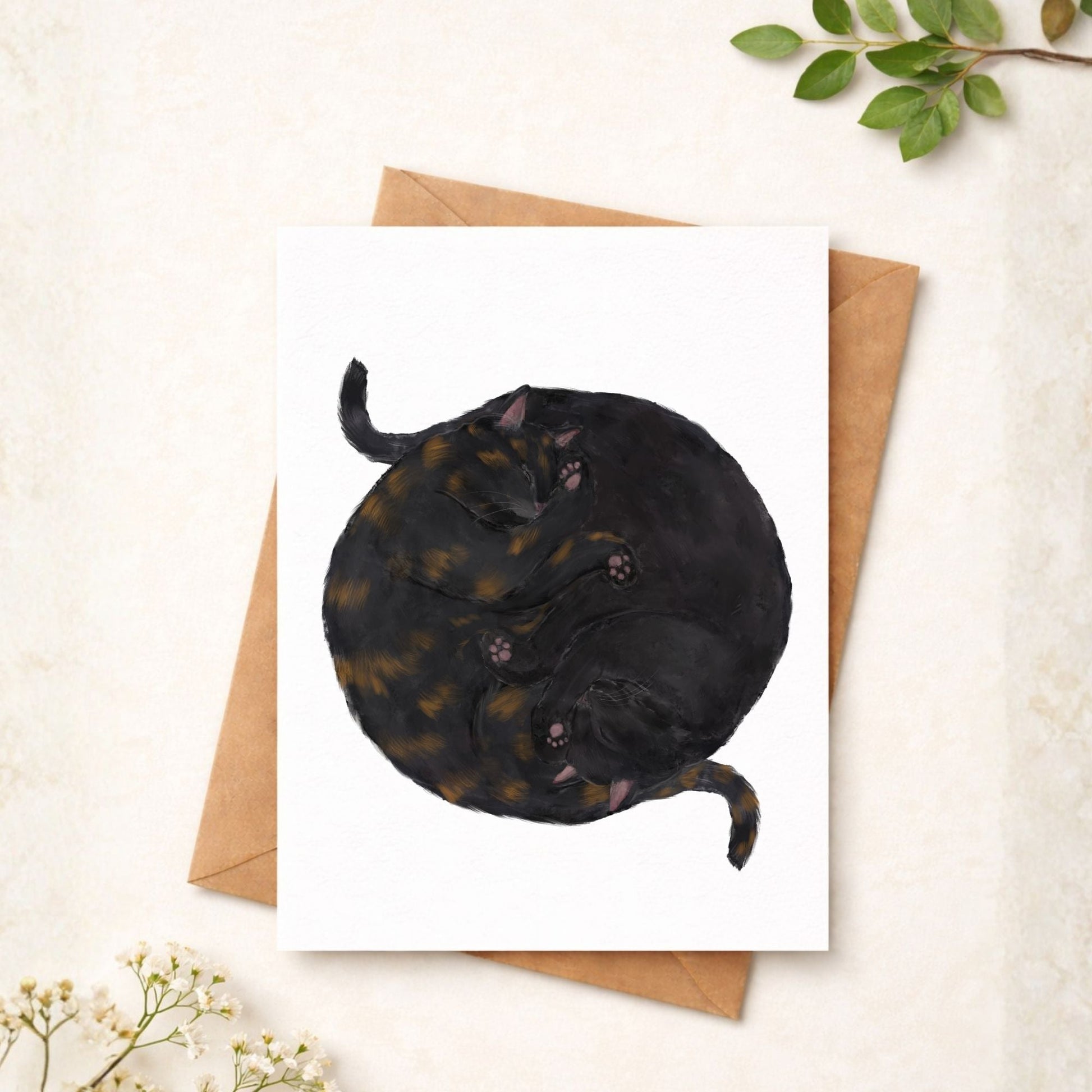 Sleeping Tortoiseshell and Black Cats Postcard - MerikaArt