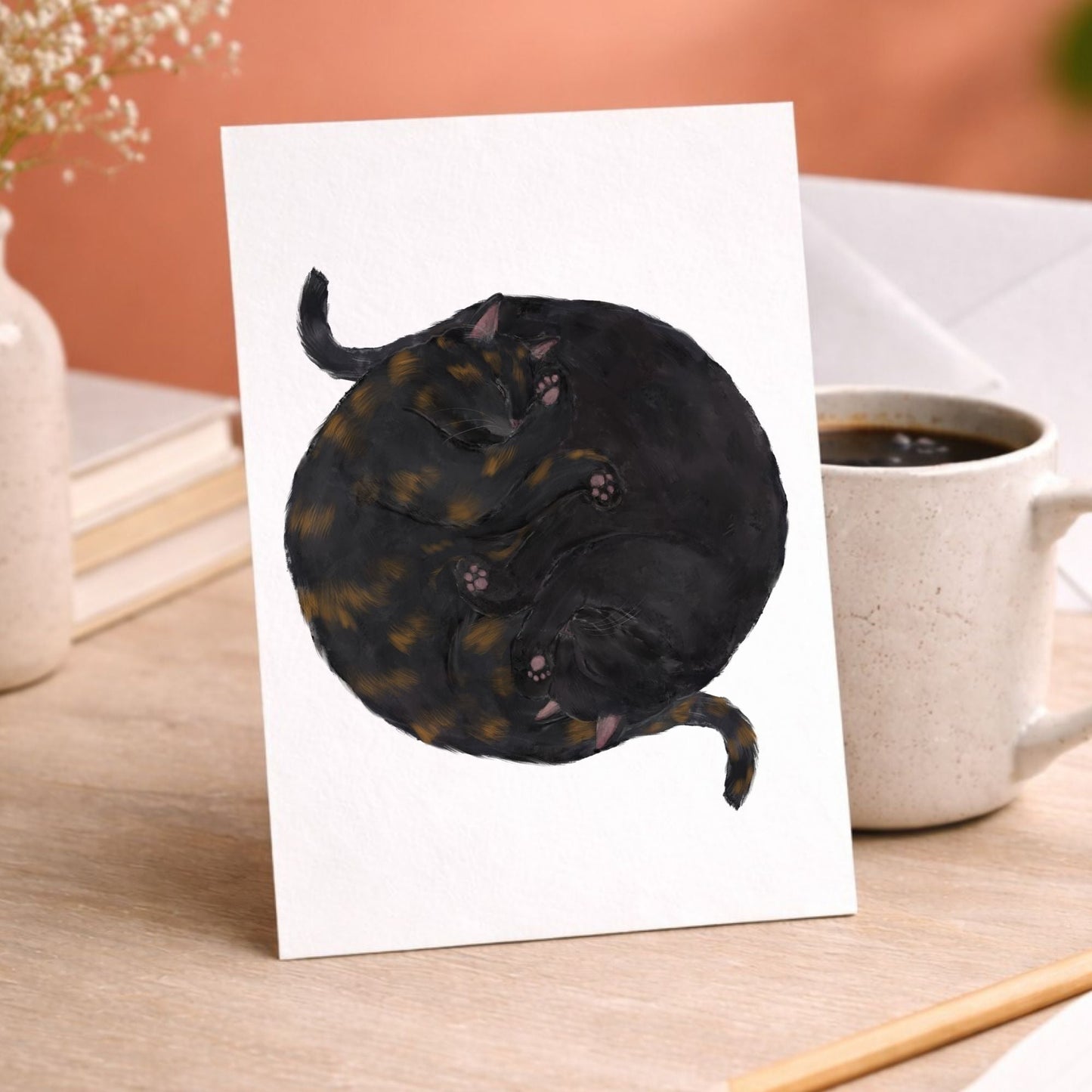 Sleeping Tortoiseshell and Black Cats Postcard - MerikaArt