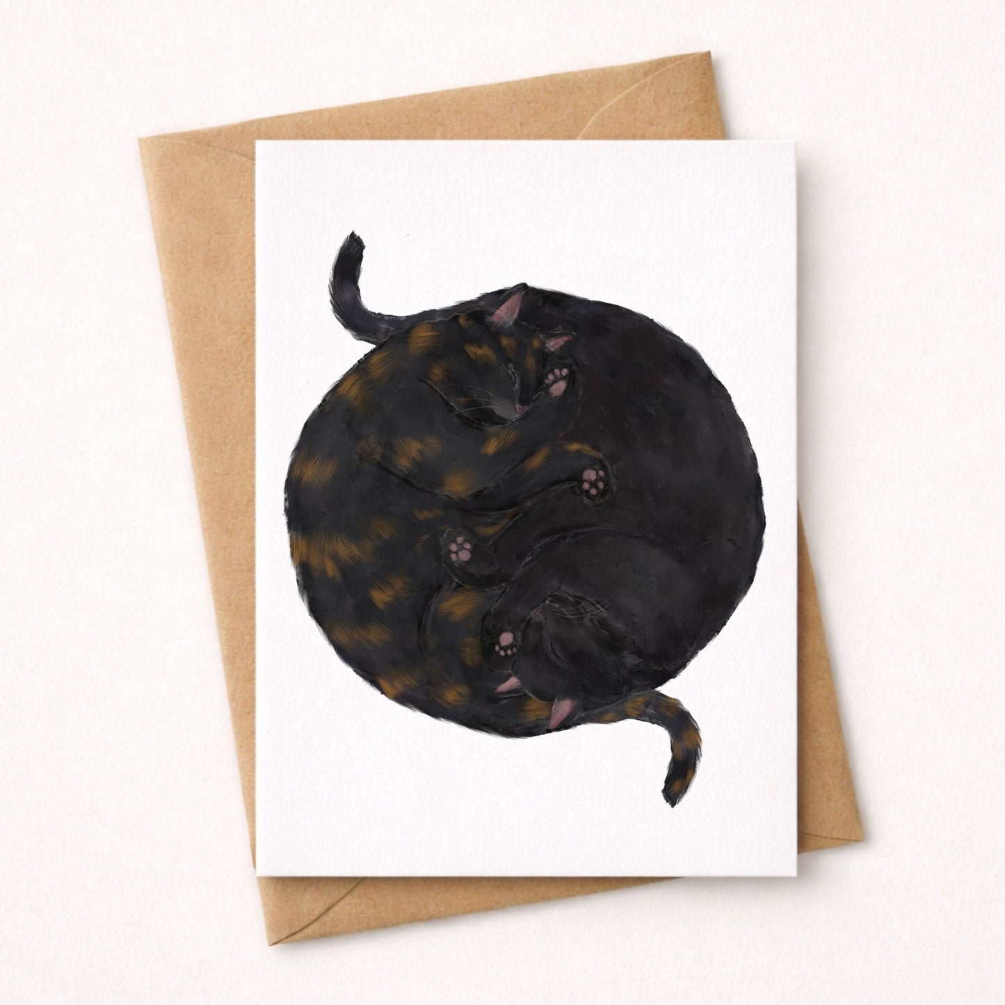 Sleeping Tortoiseshell and Black Cats Postcard - MerikaArt