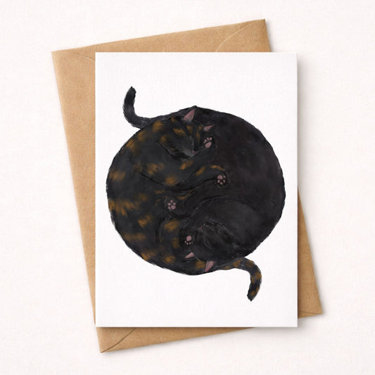Sleeping Tortoiseshell and Black Cats Postcard - MerikaArt