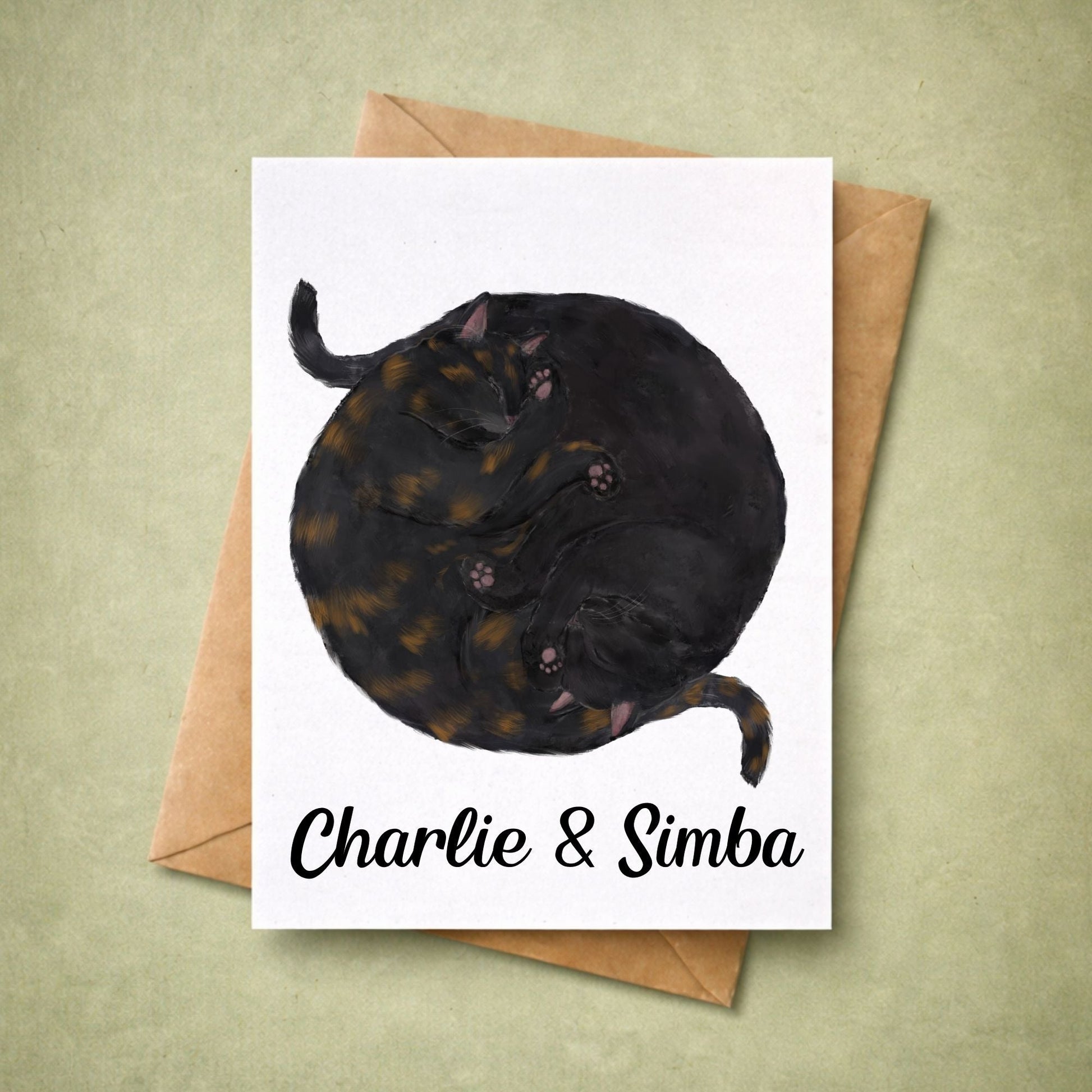 Sleeping Tortoiseshell and Black Cats Postcard - MerikaArt