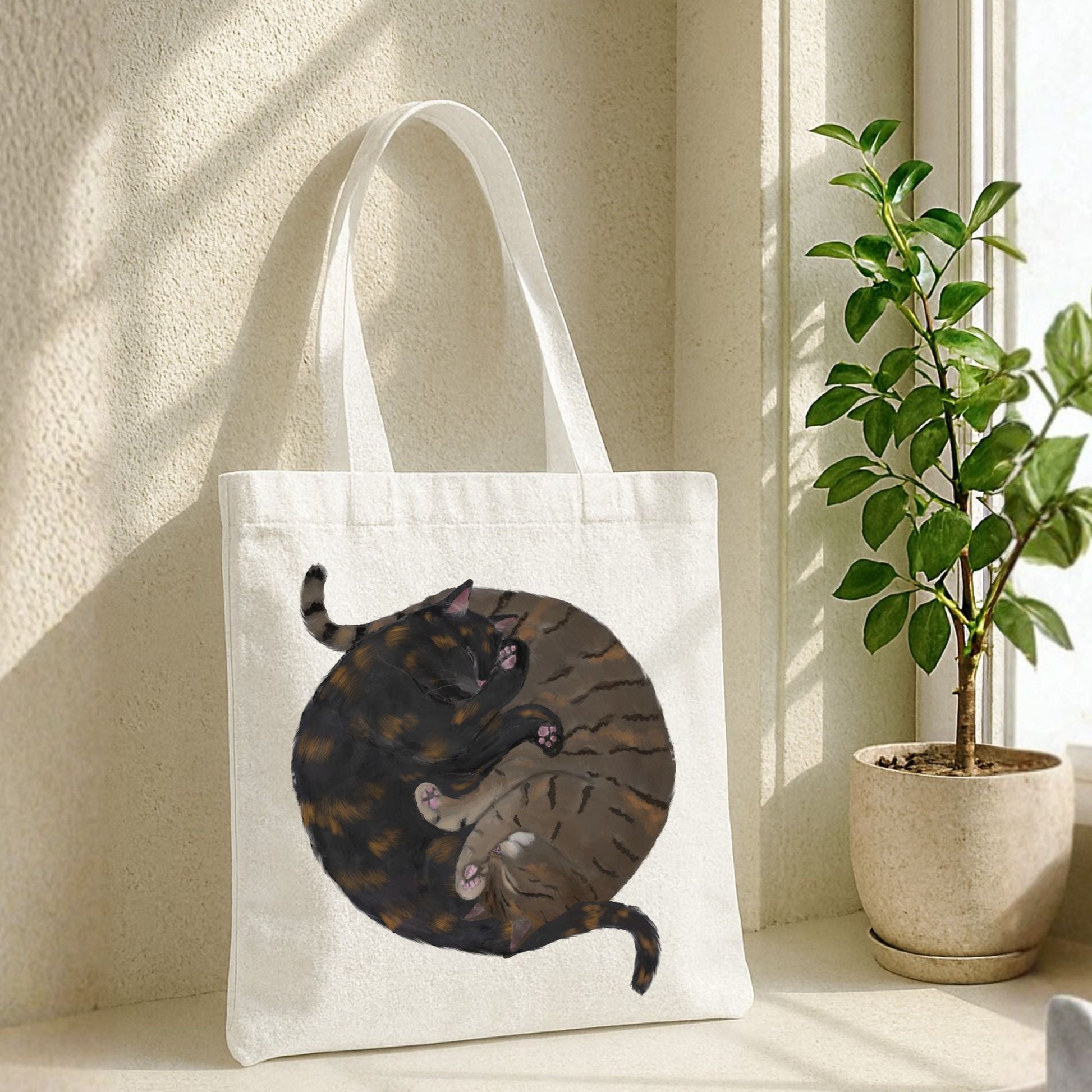 Sleeping Tortoiseshell and Brown Tabby Cats Canvas Tote Bag - MerikaArt
