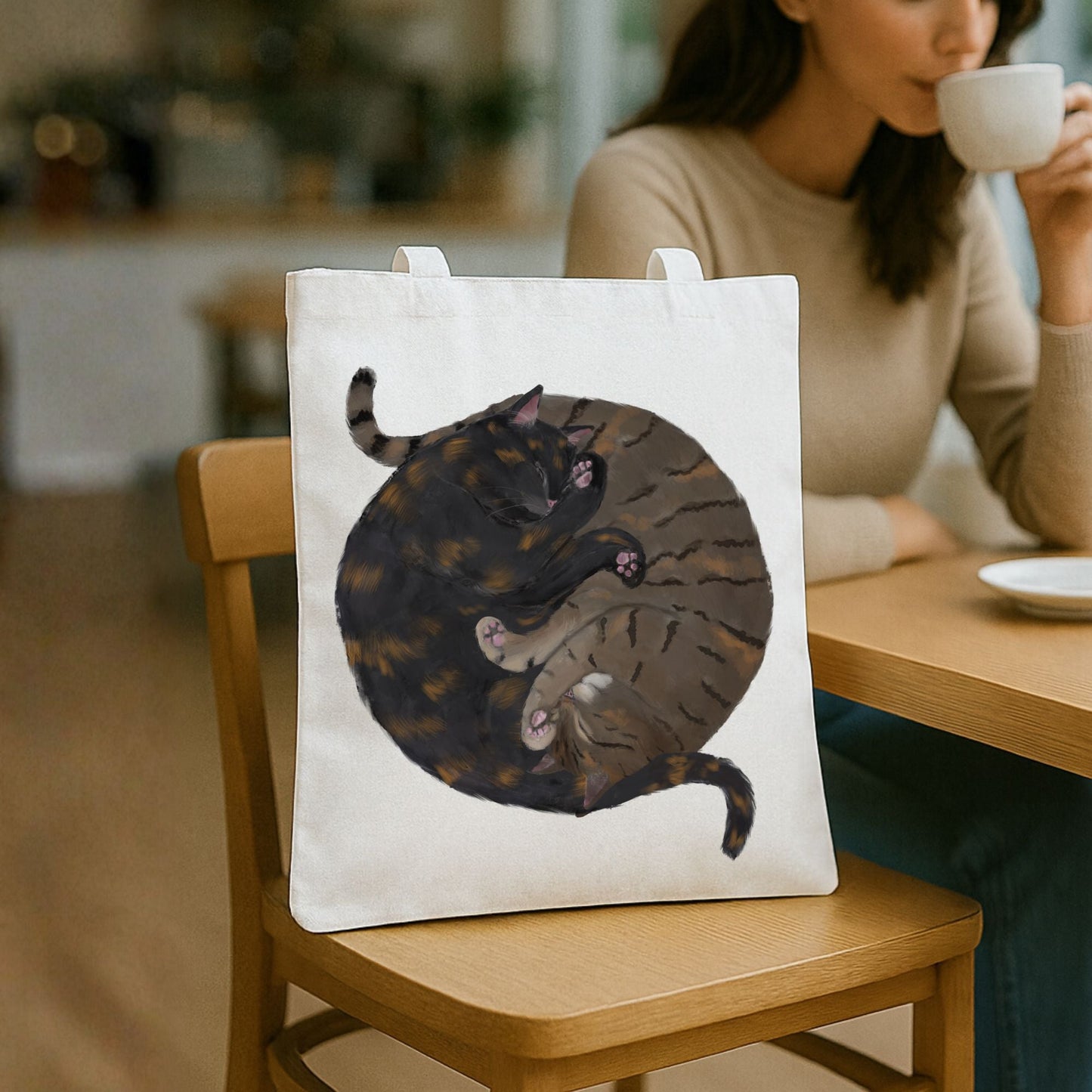 Sleeping Tortoiseshell and Brown Tabby Cats Canvas Tote Bag - MerikaArt