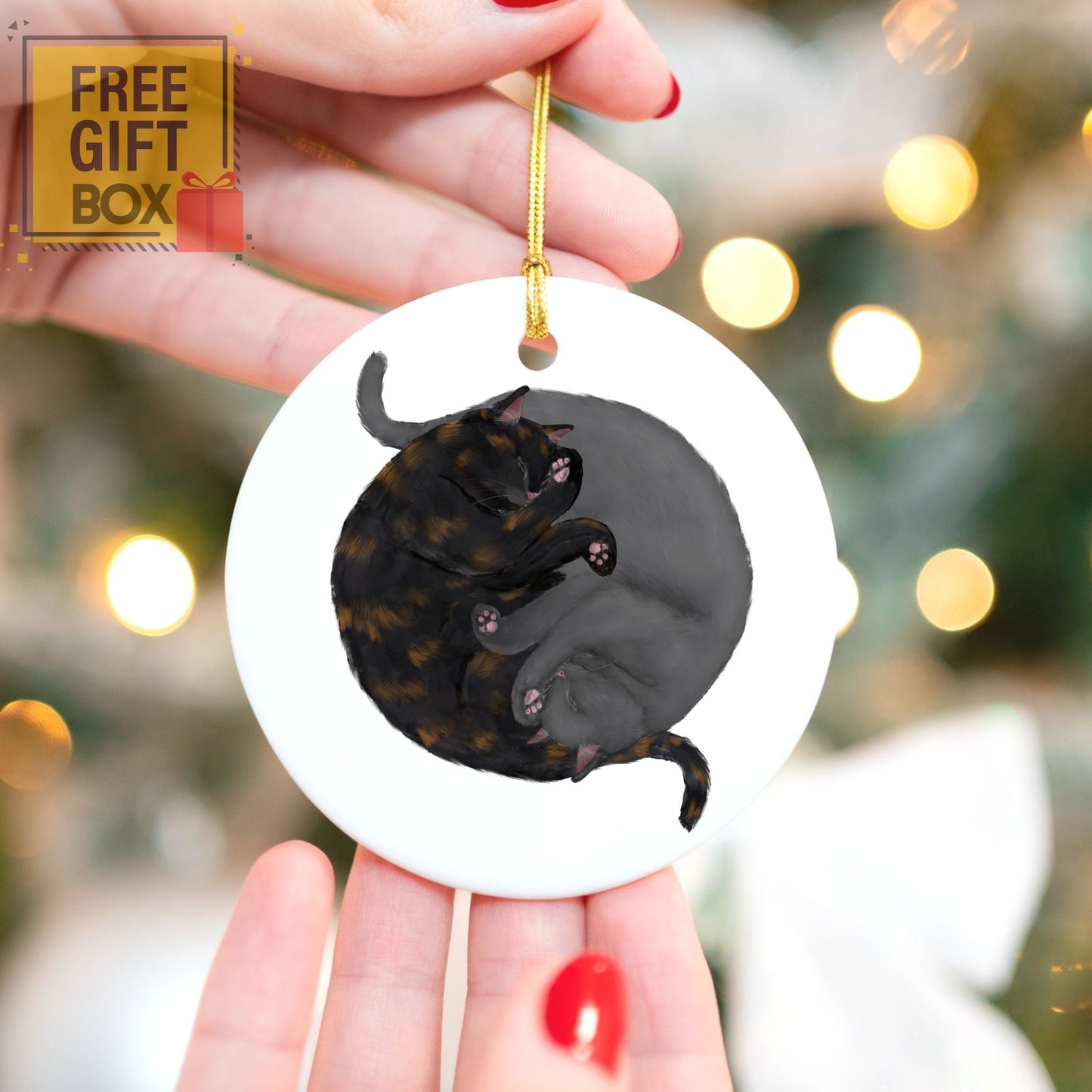 Sleeping Tortoiseshell And Gray Cats Ceramic Ornament - MerikaArt