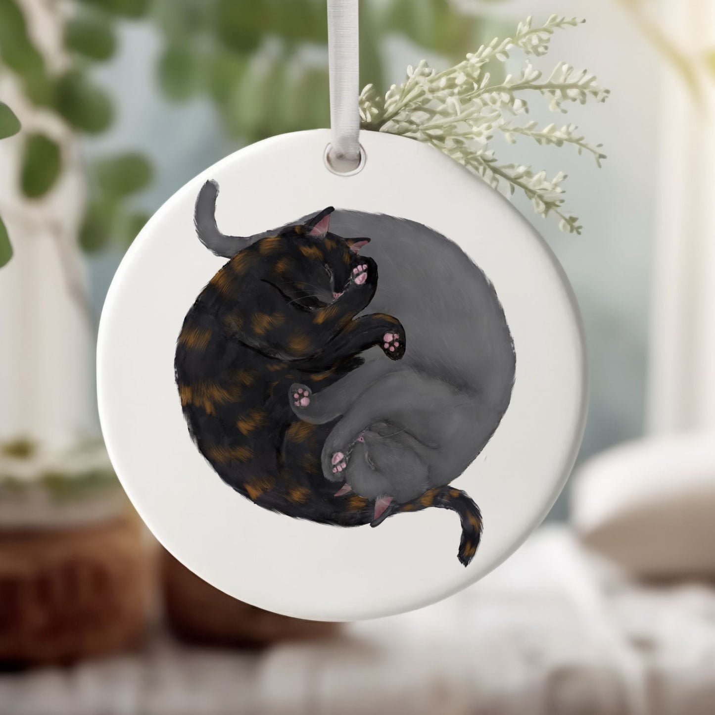 Sleeping Tortoiseshell And Gray Cats Ceramic Ornament - MerikaArt