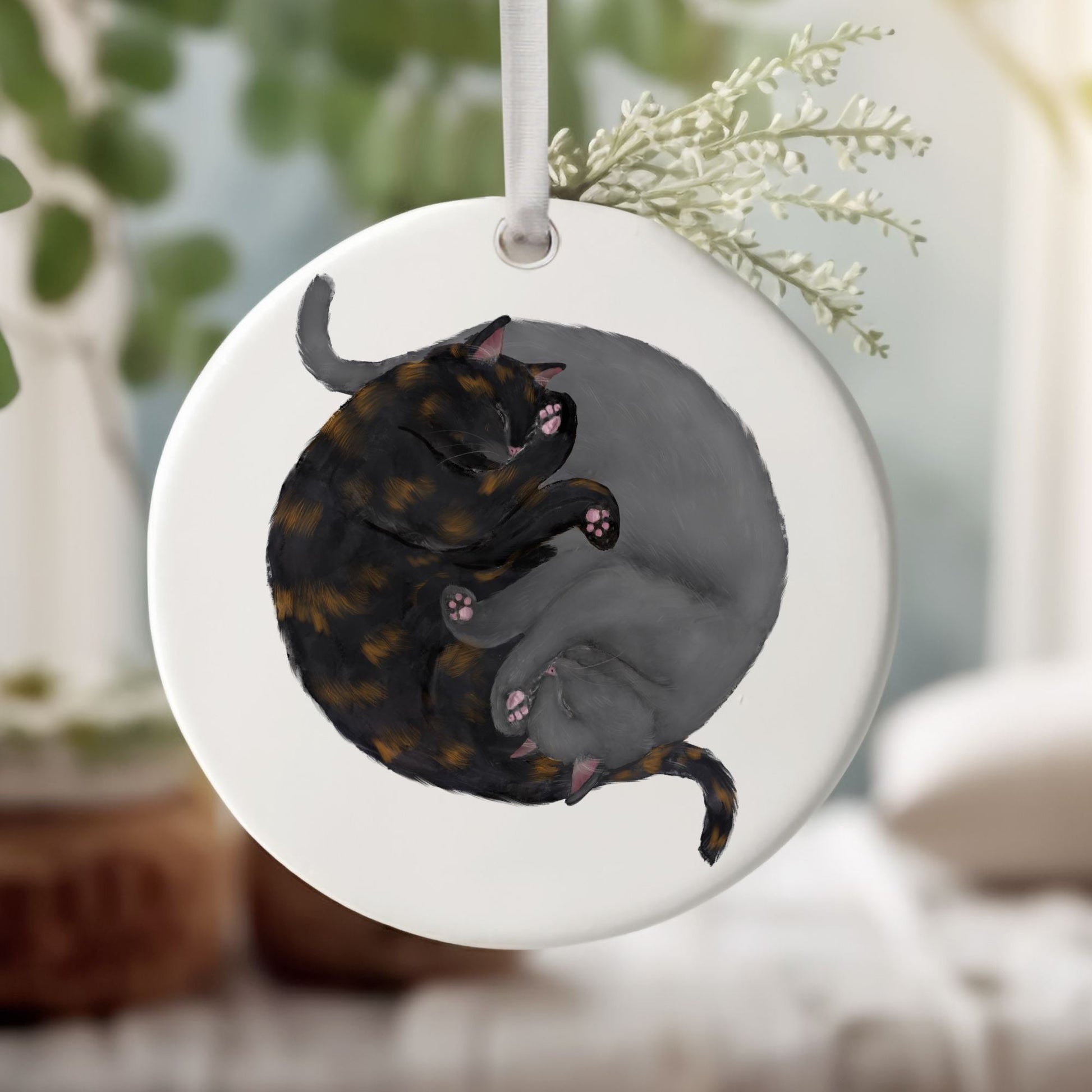 Sleeping Tortoiseshell And Gray Cats Ceramic Ornament - MerikaArt