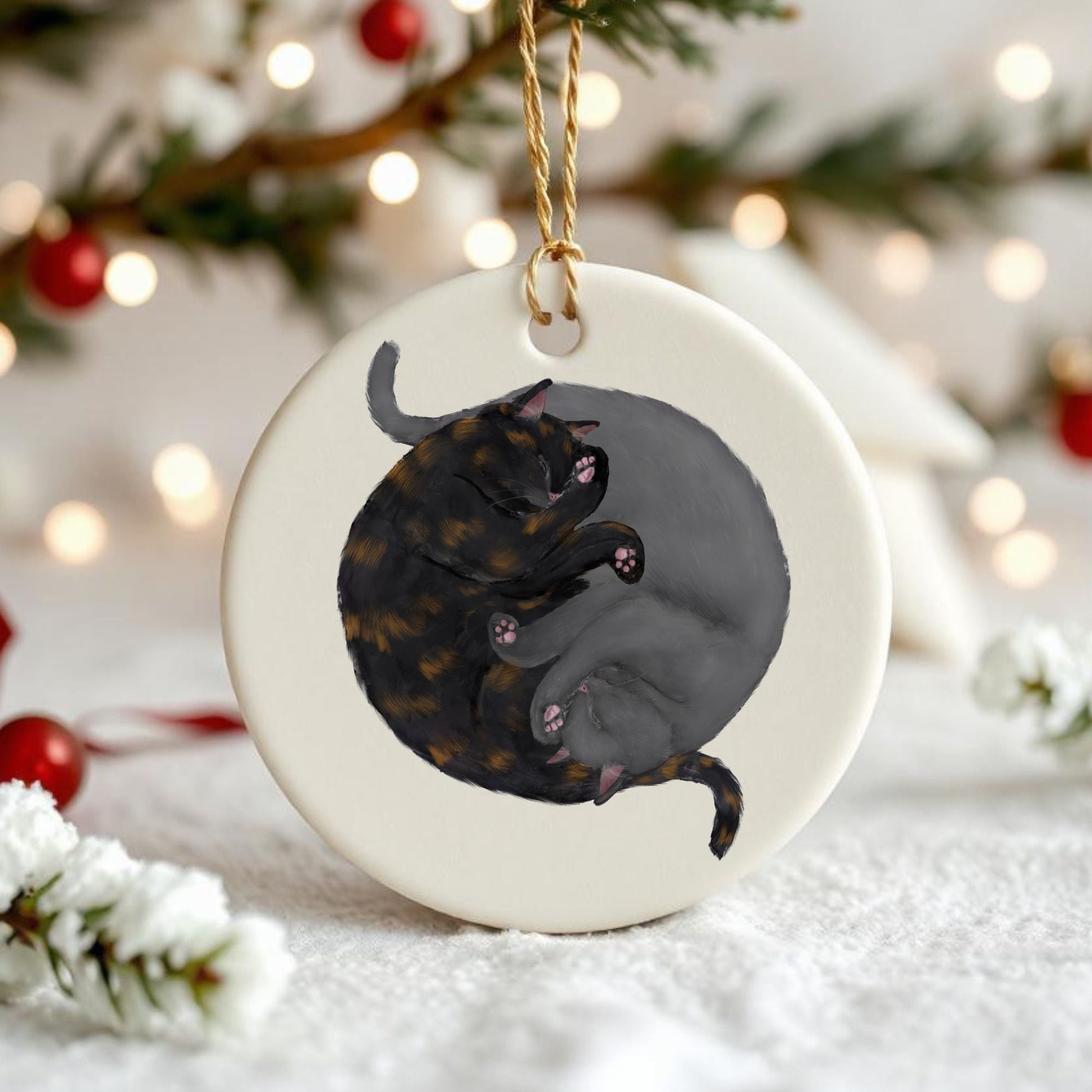 Sleeping Tortoiseshell And Gray Cats Ceramic Ornament - MerikaArt
