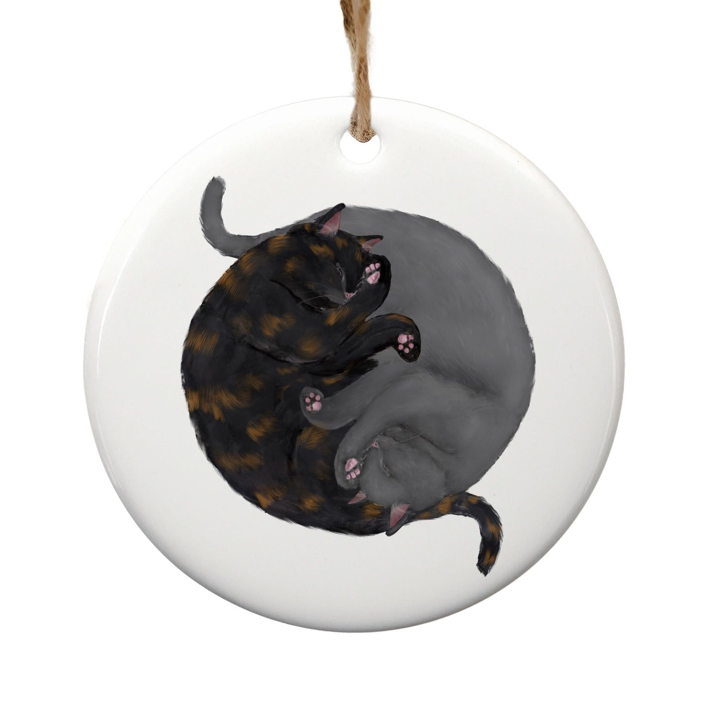 Sleeping Tortoiseshell And Gray Cats Ceramic Ornament - MerikaArt