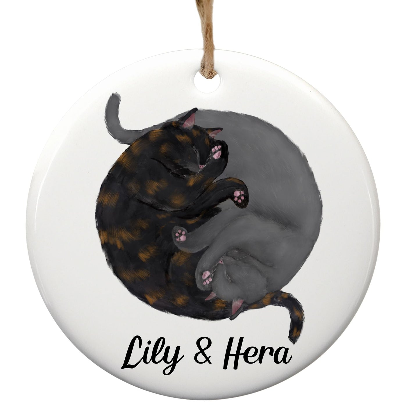 Sleeping Tortoiseshell And Gray Cats Ceramic Ornament - MerikaArt