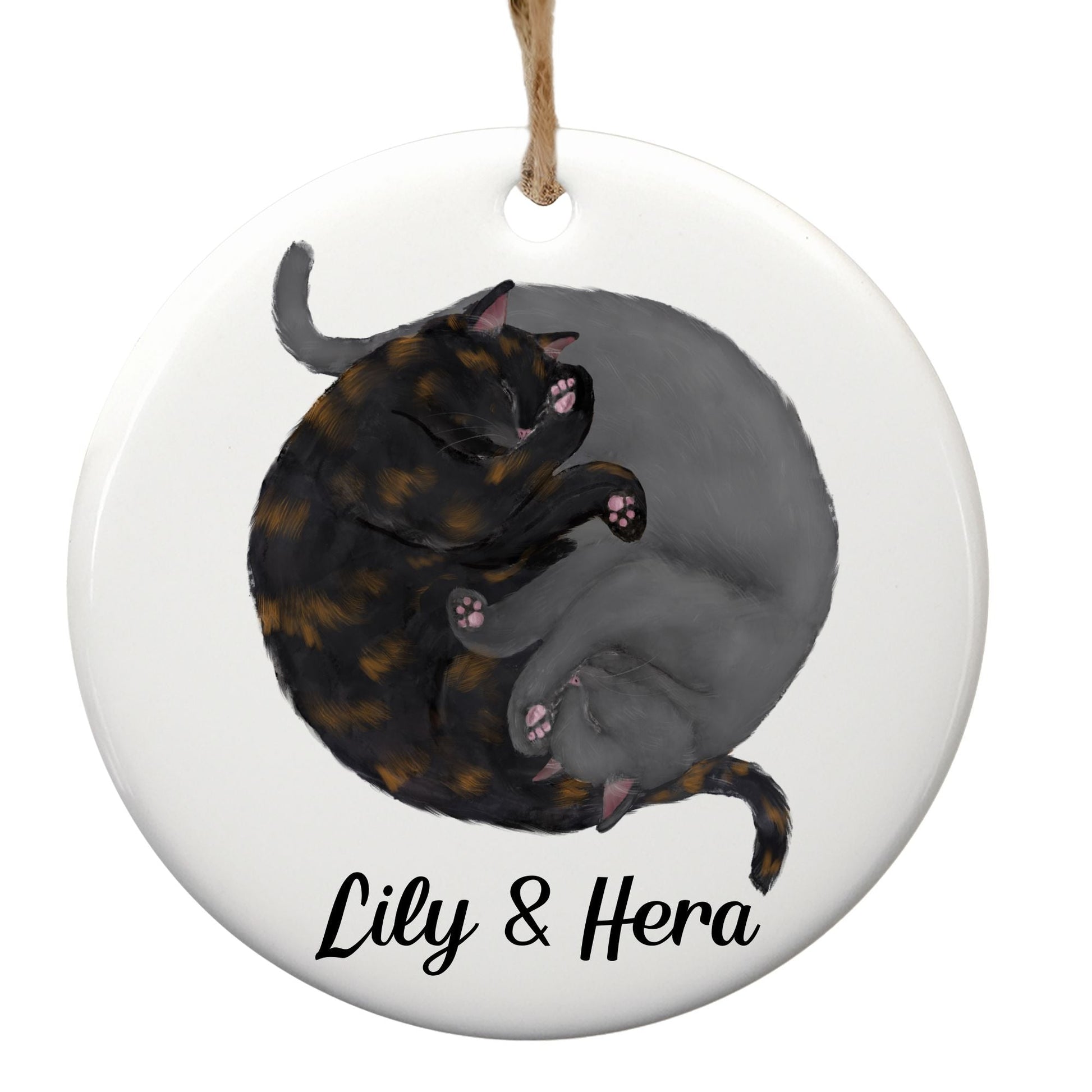 Sleeping Tortoiseshell And Gray Cats Ceramic Ornament - MerikaArt