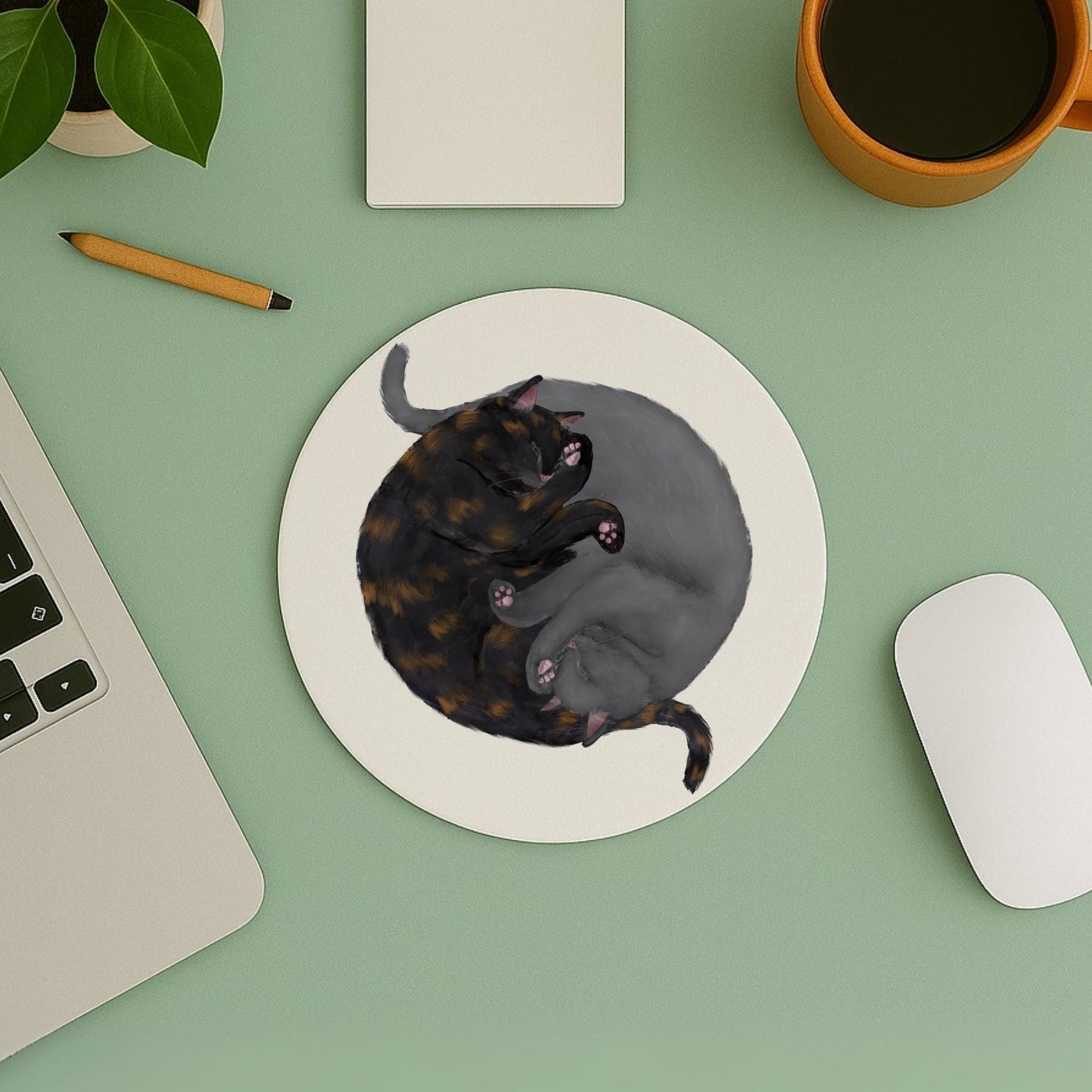 Sleeping Tortoiseshell and Gray Cats Mousepad - MerikaArt